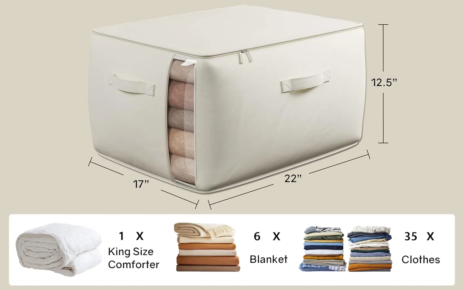 Large Canvas Clothes Storage Bags with Thick Handles and Clear Window, Foldable Cotton Linen Closet Organizer for Clothing, Blankets and Bedding, 70L, 3 Pack, Beige