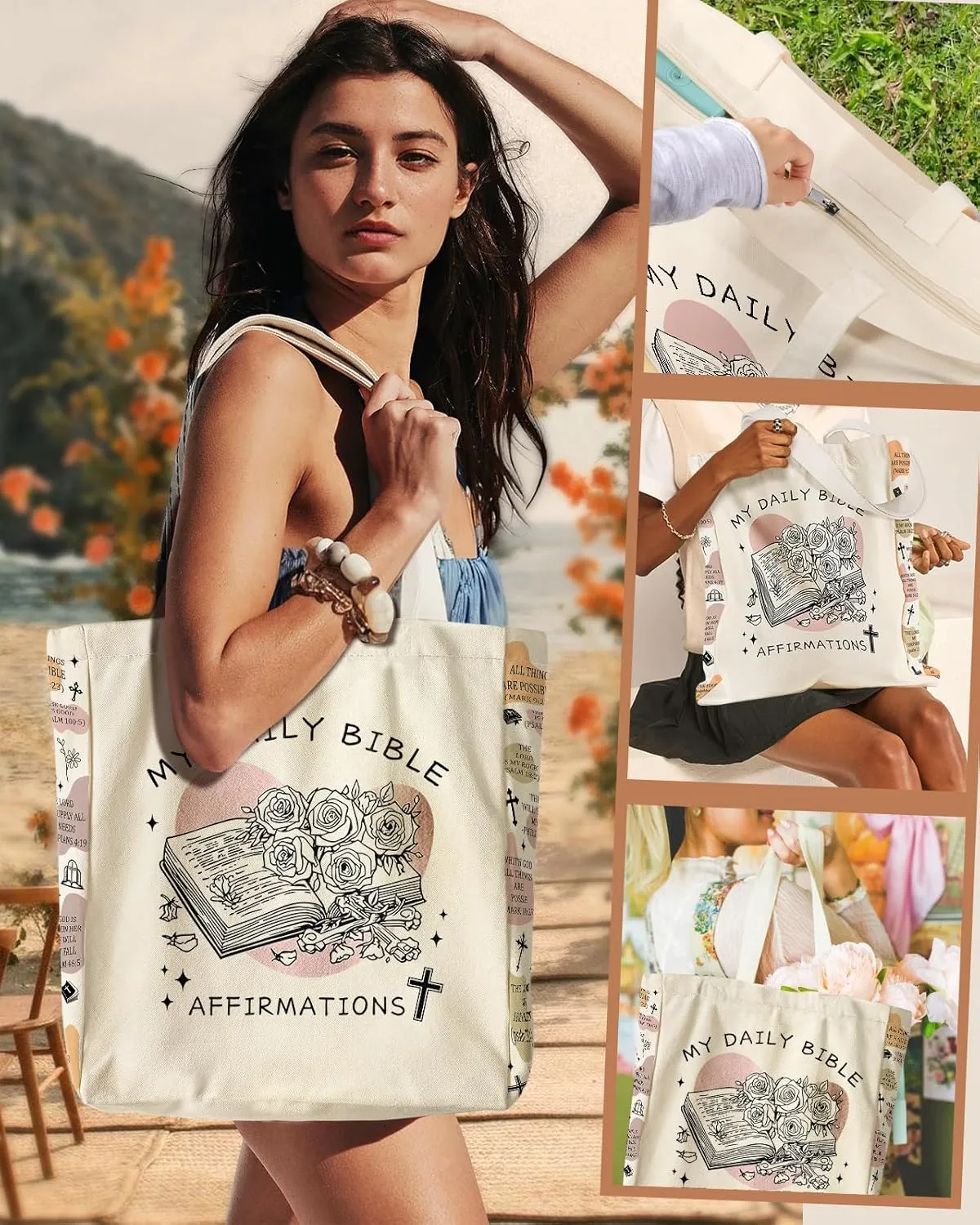 Large Canvas Tote Bag for Women - with Zipper and Inner Pocket Aesthetic Cute Shoulder Bag for Shopping Daily