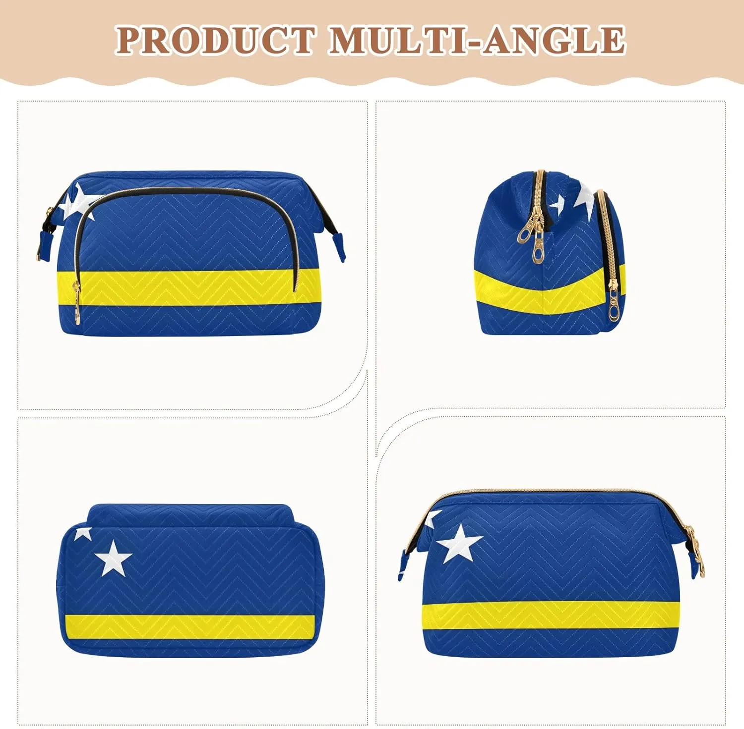 Large Capacity Makeup Bag Curacao Flag Rectangular National Wide-open Pouch Purse with 9-Piece Accessory Set, Purse for Toiletries Accessories Brushes