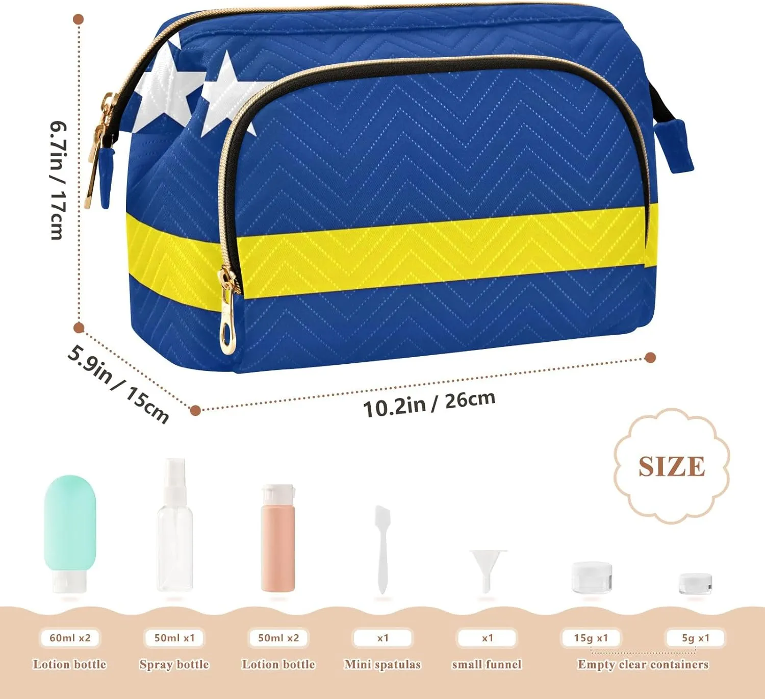 Large Capacity Makeup Bag Curacao Flag Rectangular National Wide-open Pouch Purse with 9-Piece Accessory Set, Purse for Toiletries Accessories Brushes