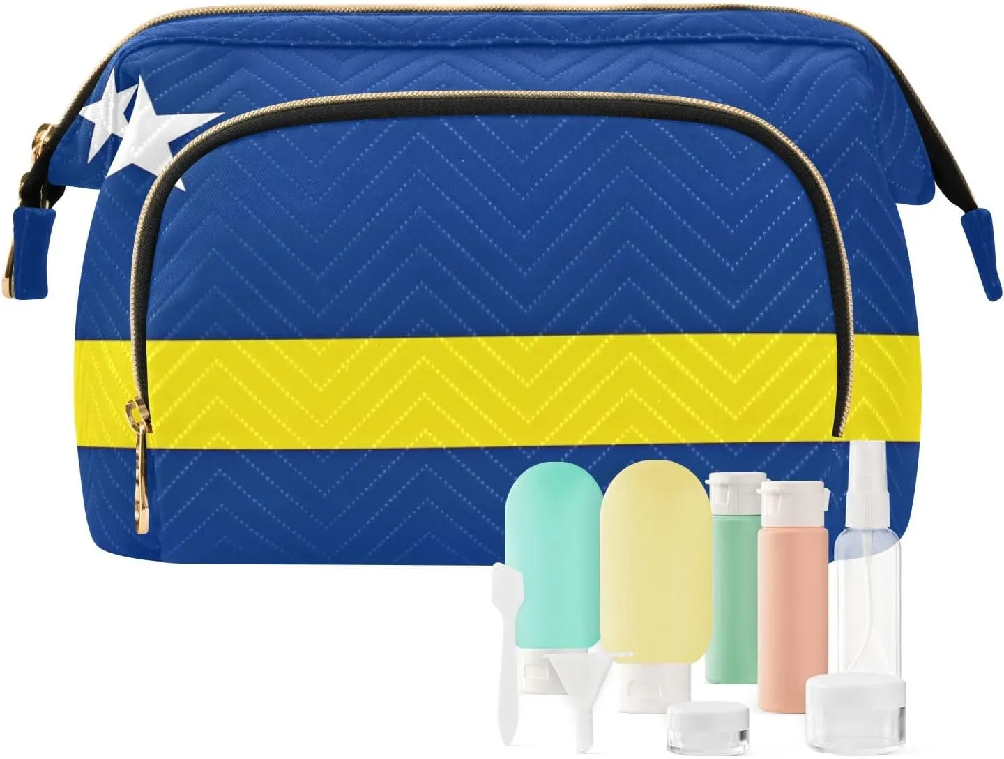 Large Capacity Makeup Bag Curacao Flag Rectangular National Wide-open Pouch Purse with 9-Piece Accessory Set, Purse for Toiletries Accessories Brushes