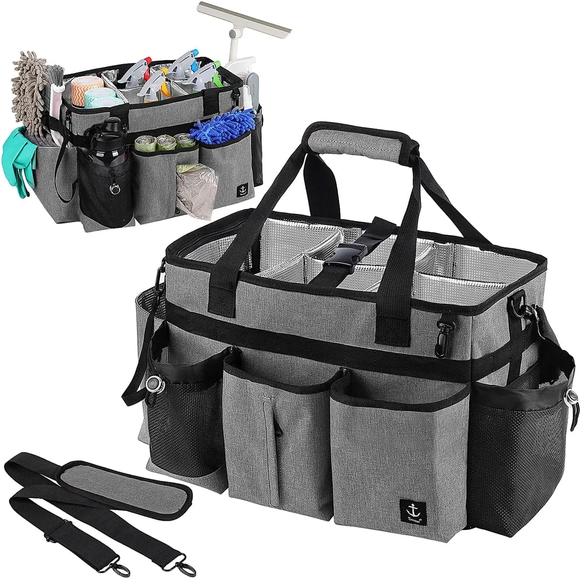 Large Cleaning Caddy Bag Built-in Sturdy Support Board, Cleaning Organizer with Detachable Divider, Cleaning Supply Tote with Adjustable Shoulder Strap&Waist Belt for Cleaners & Housekeeper