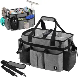 Large Cleaning Caddy Bag Built-in Sturdy Support Board, Cleaning Organizer with Detachable Divider, Cleaning Supply Tote with Adjustable Shoulder Strap&Waist Belt for Cleaners & Housekeeper
