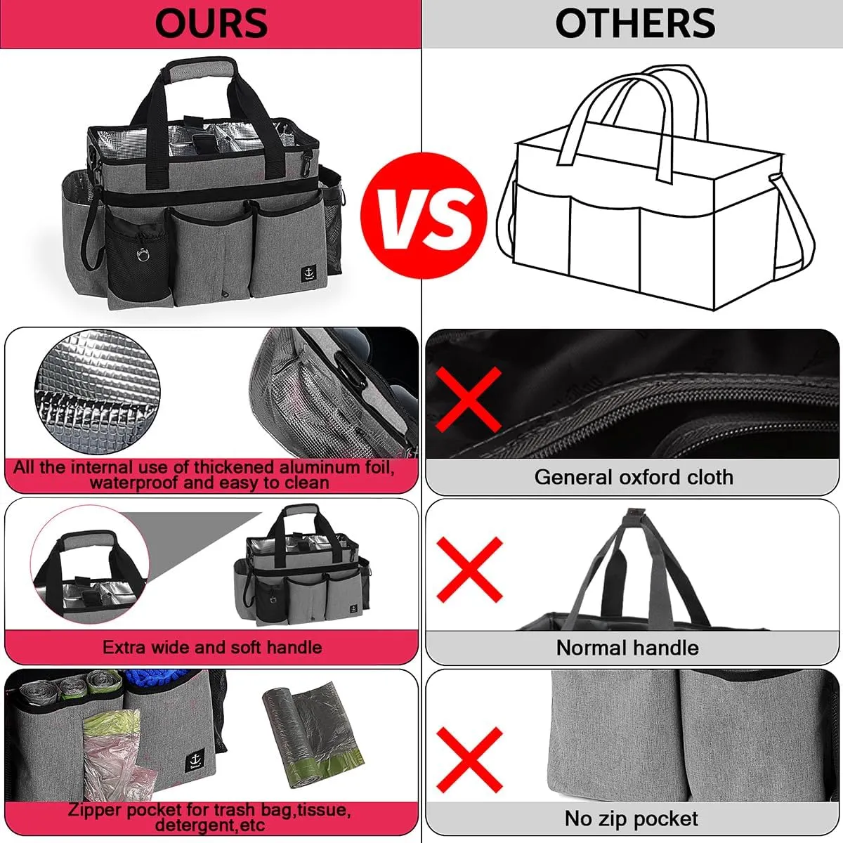 Large Cleaning Caddy Bag Built-in Sturdy Support Board, Cleaning Organizer with Detachable Divider, Cleaning Supply Tote with Adjustable Shoulder Strap&Waist Belt for Cleaners & Housekeeper
