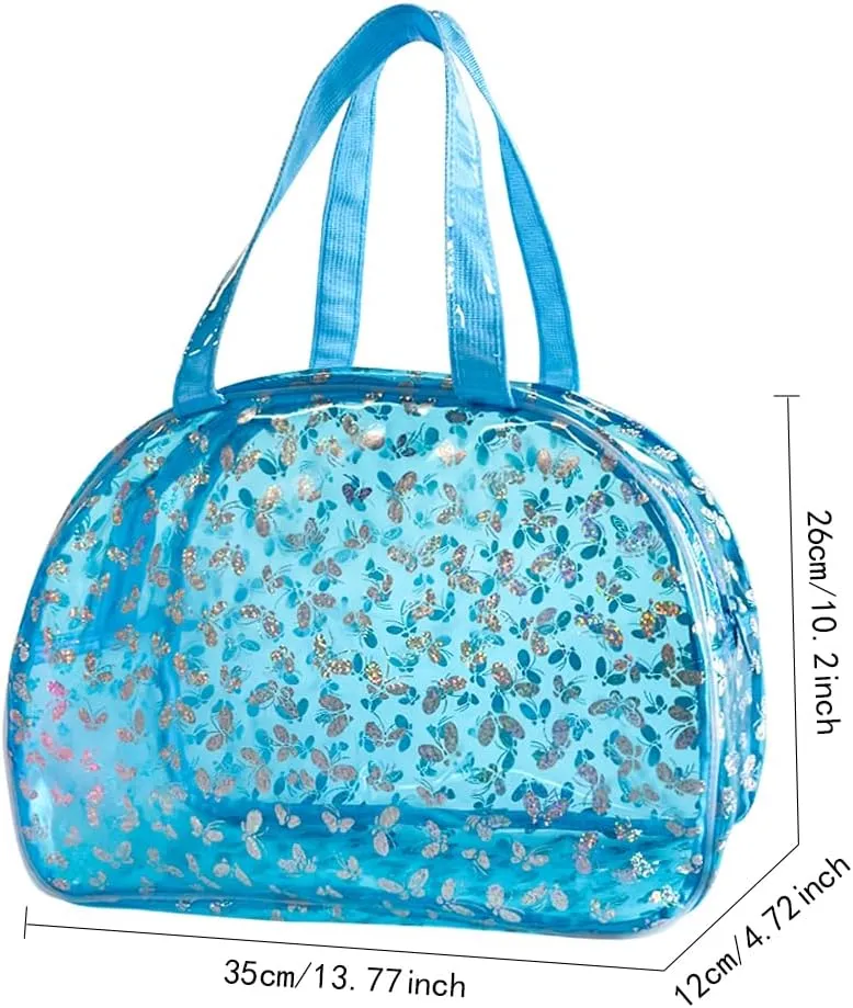 Large Clear Butterfly Cosmetic Bag and Travel Pouch with Handle,Durable PVC Material,Zipper Design-Ideal for Makeup,Travel Essentials (Blue)
