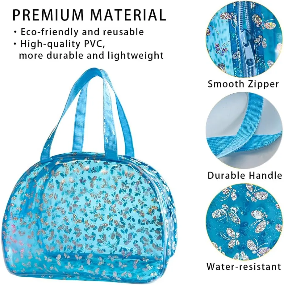 Large Clear Butterfly Cosmetic Bag and Travel Pouch with Handle,Durable PVC Material,Zipper Design-Ideal for Makeup,Travel Essentials (Blue)