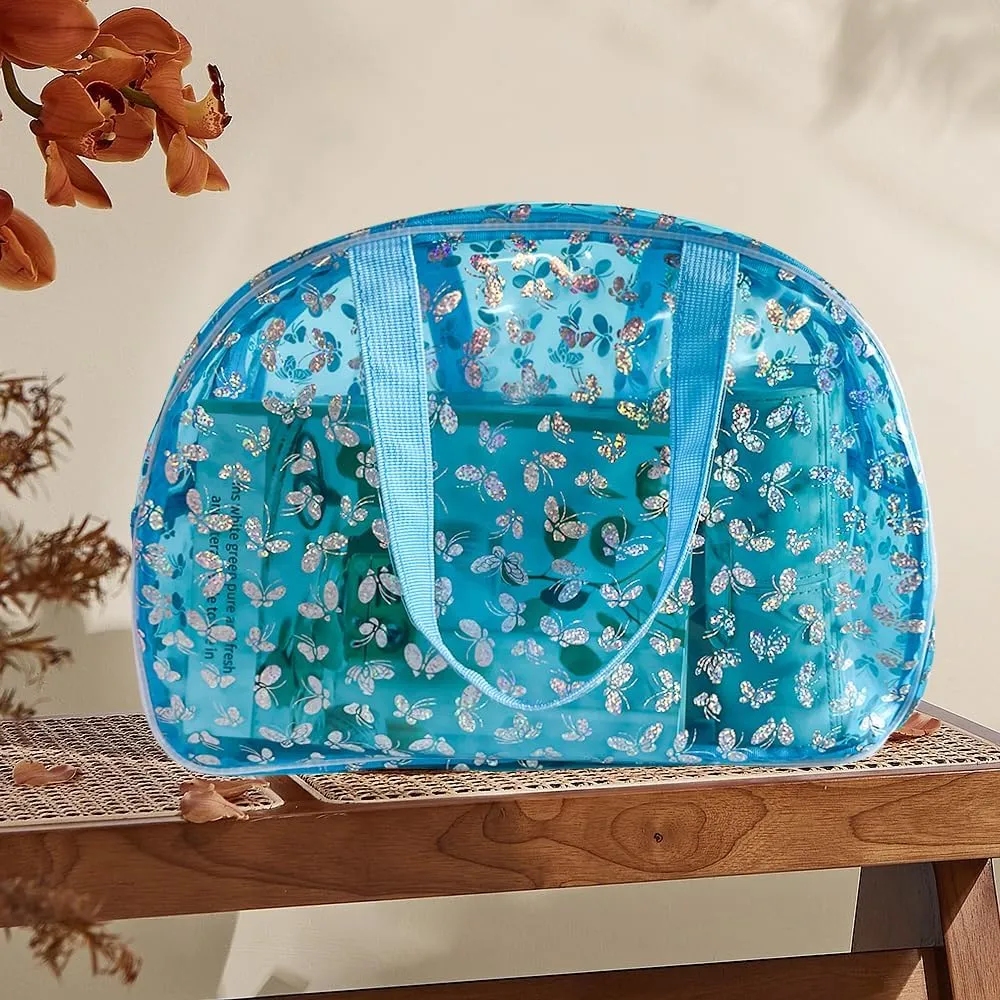 Large Clear Butterfly Cosmetic Bag and Travel Pouch with Handle,Durable PVC Material,Zipper Design-Ideal for Makeup,Travel Essentials (Blue)