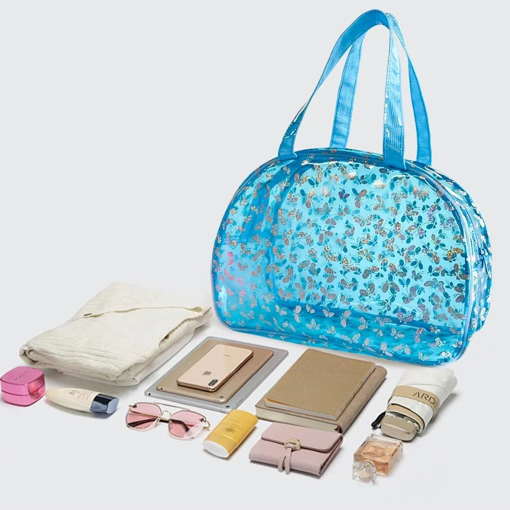 Large Clear Butterfly Cosmetic Bag and Travel Pouch with Handle,Durable PVC Material,Zipper Design-Ideal for Makeup,Travel Essentials (Blue)