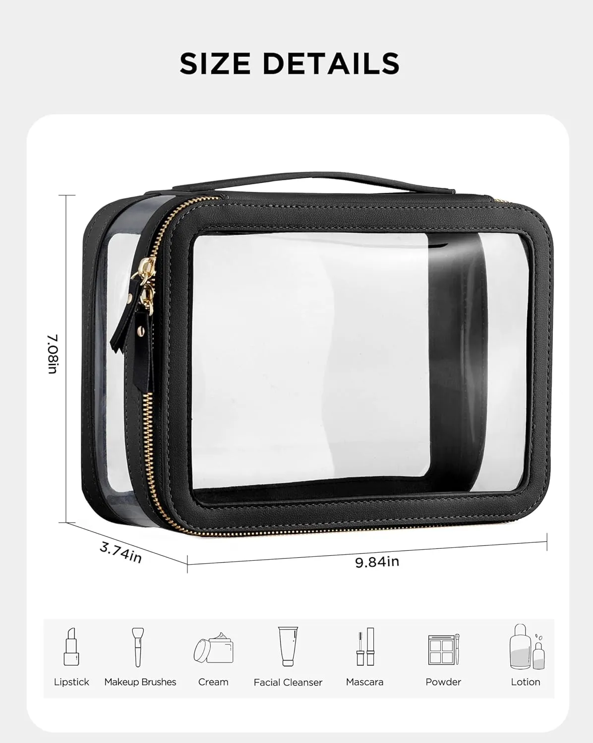 Large Clear Makeup Bag for Women, Portable Travel Makeup Bag Organizer Waterproof Toiletry Bag Cute Makeup Bags Cosmetic Bag Makeup Pouch, Black