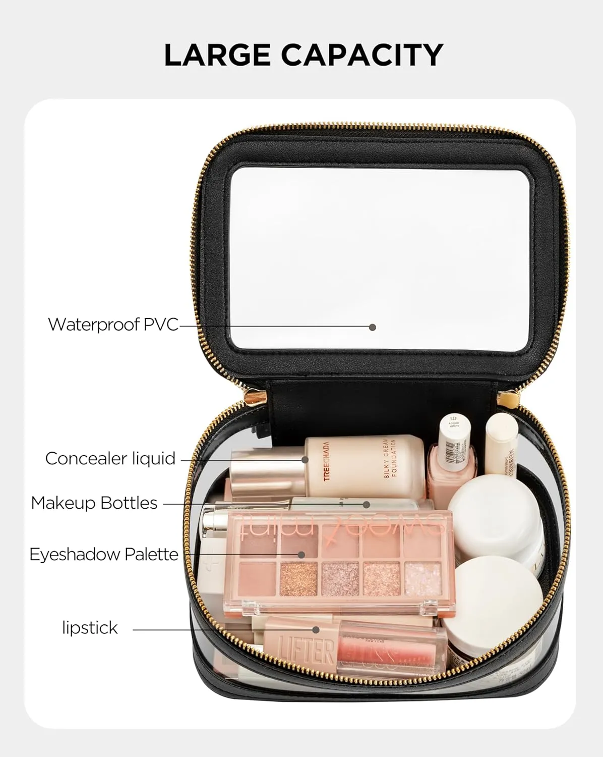 Large Clear Makeup Bag for Women, Portable Travel Makeup Bag Organizer Waterproof Toiletry Bag Cute Makeup Bags Cosmetic Bag Makeup Pouch, Black