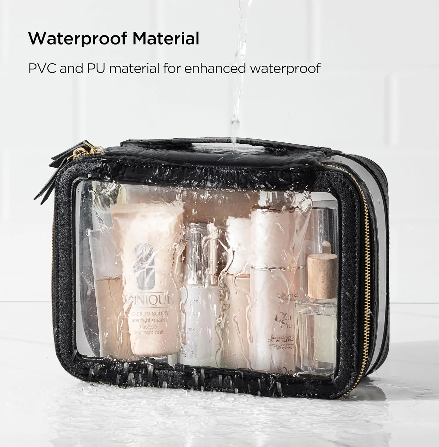 Large Clear Makeup Bag for Women, Portable Travel Makeup Bag Organizer Waterproof Toiletry Bag Cute Makeup Bags Cosmetic Bag Makeup Pouch, Black