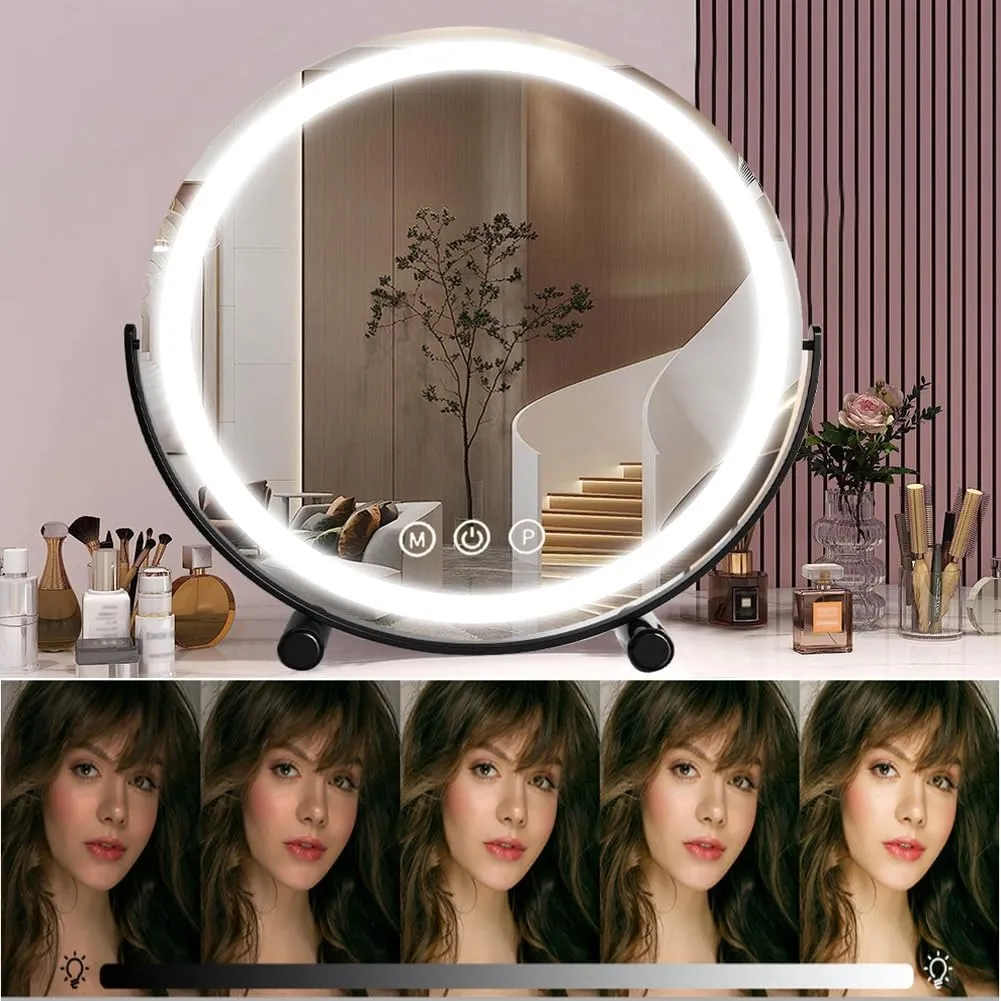 Large Makeup Vanity Mirror with Lights, with Smart Control Touch, 360° Rotation Dimmable 3 Mode Cosmetic Tabletop Mirror for Makeup Desk, for Dressing Table and Bedroom(Black,11.8in)