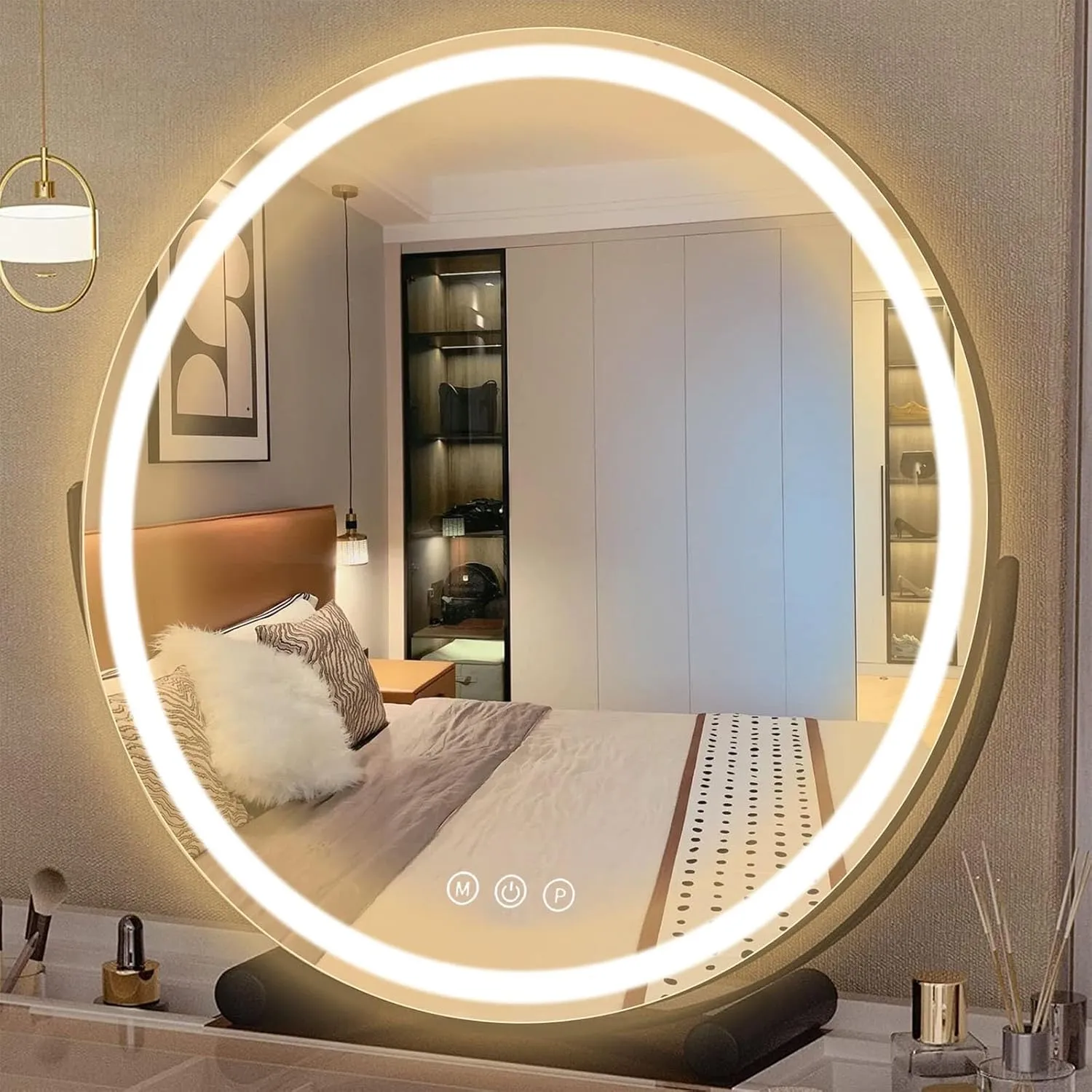 Large Makeup Vanity Mirror with Lights, with Smart Control Touch, 360° Rotation Dimmable 3 Mode Cosmetic Tabletop Mirror for Makeup Desk, for Dressing Table and Bedroom(Black,11.8in)