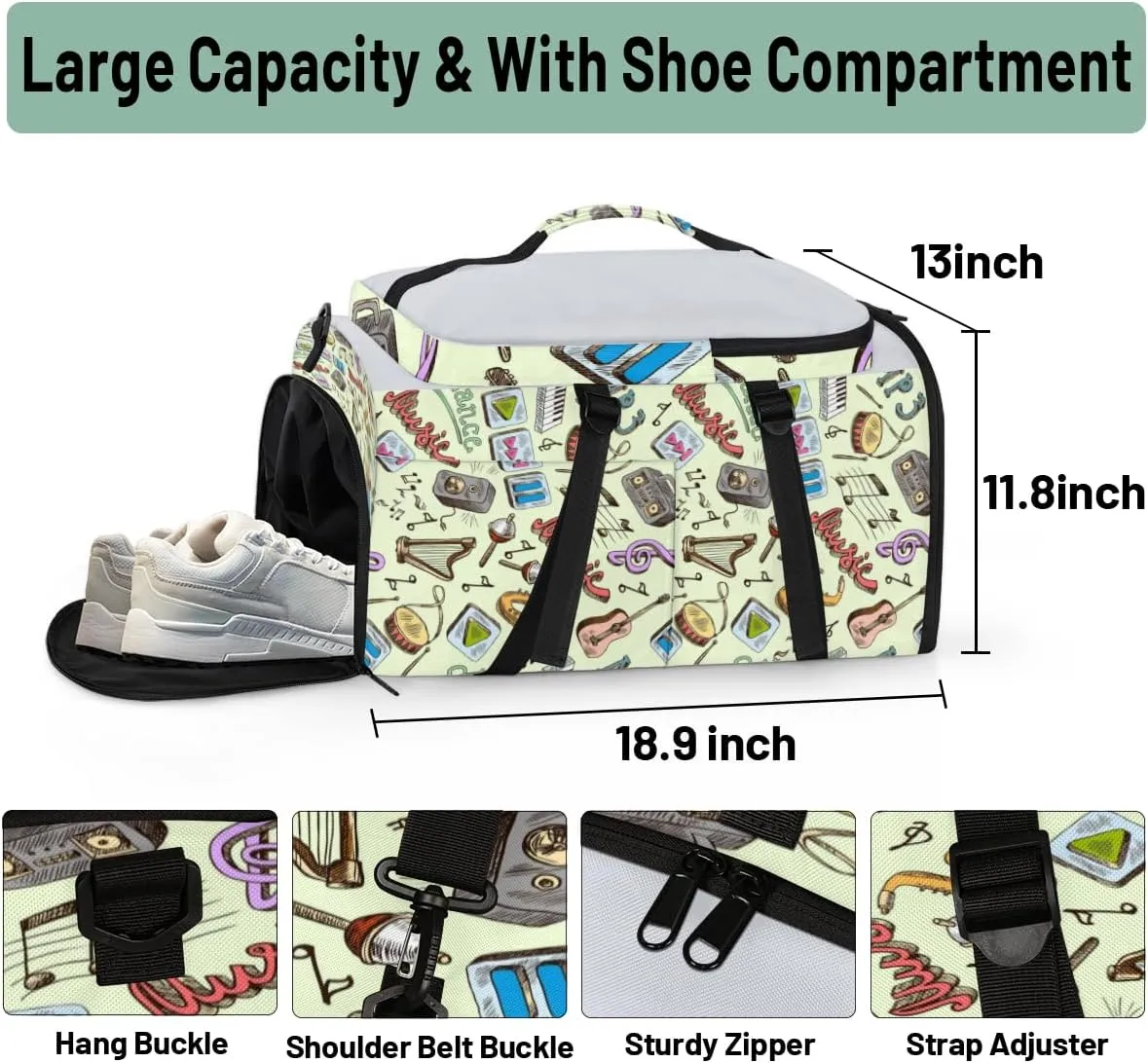 Large Sports Gym Bag With Shoe & Laptop Compartment 47L Waterproof Travel Duffel Bags for Men Women Cartoon Music Pattern Luggage Backpack Duffle Bag