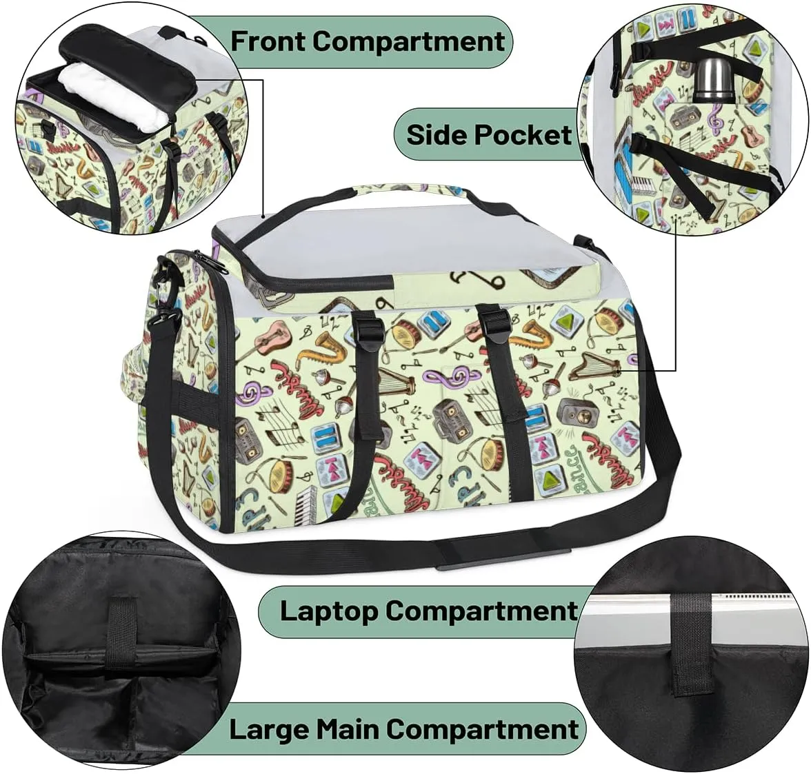 Large Sports Gym Bag With Shoe & Laptop Compartment 47L Waterproof Travel Duffel Bags for Men Women Cartoon Music Pattern Luggage Backpack Duffle Bag