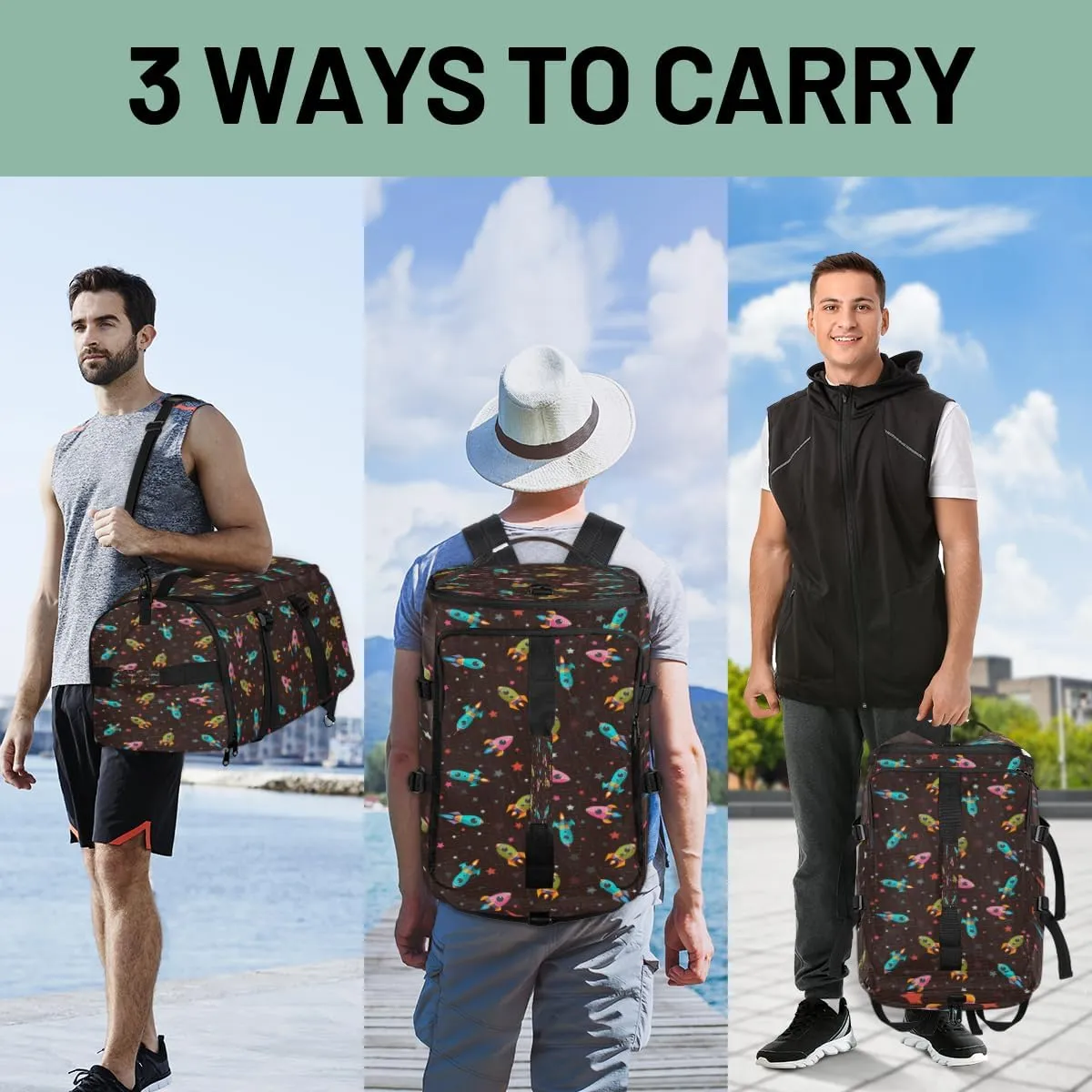 Large Sports Gym Bag With Shoe & Laptop Compartment 47L Waterproof Travel Duffel Bags for Men Women Cartoon Rocket Luggage Backpack Duffle Bag
