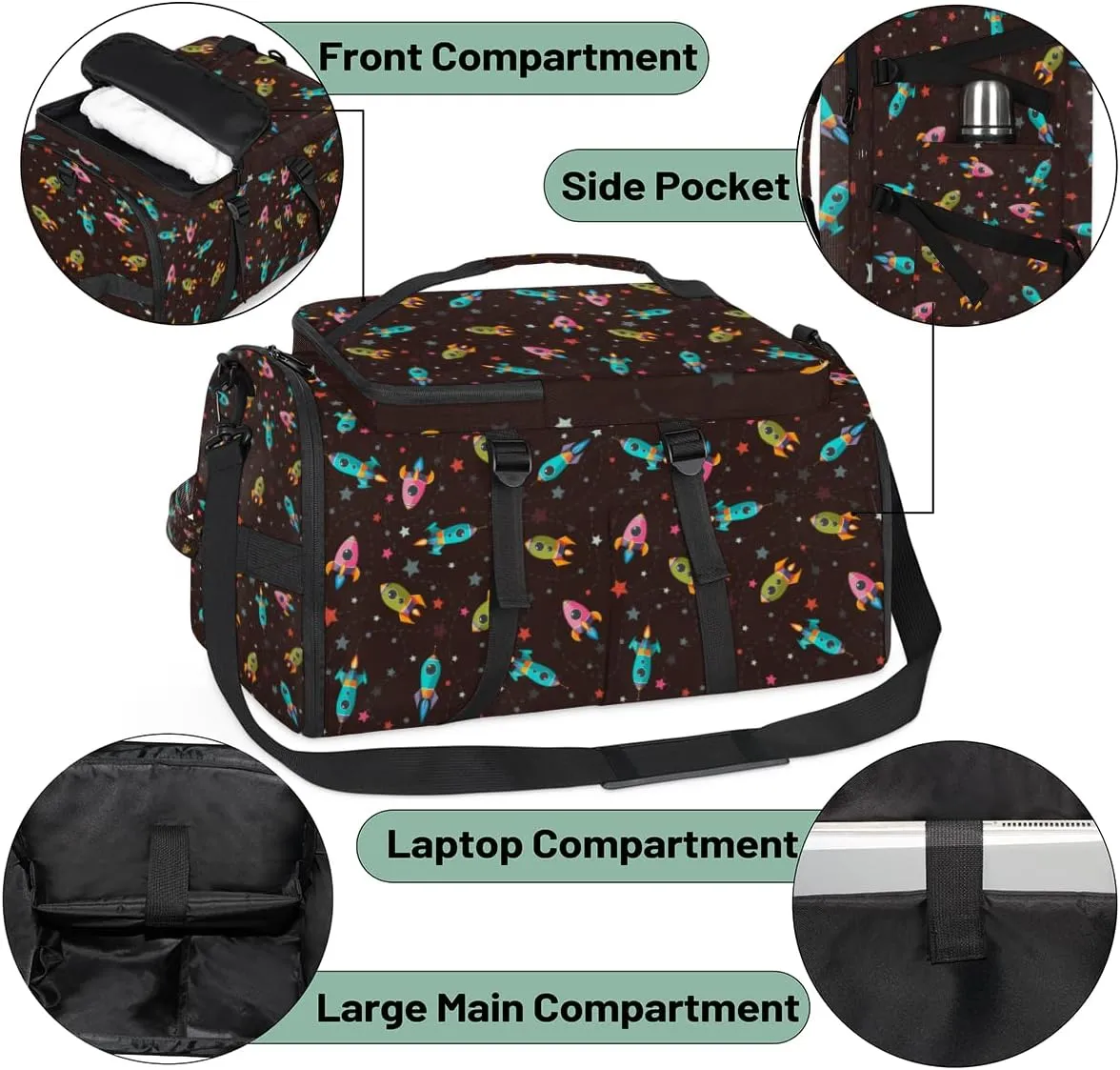 Large Sports Gym Bag With Shoe & Laptop Compartment 47L Waterproof Travel Duffel Bags for Men Women Cartoon Rocket Luggage Backpack Duffle Bag