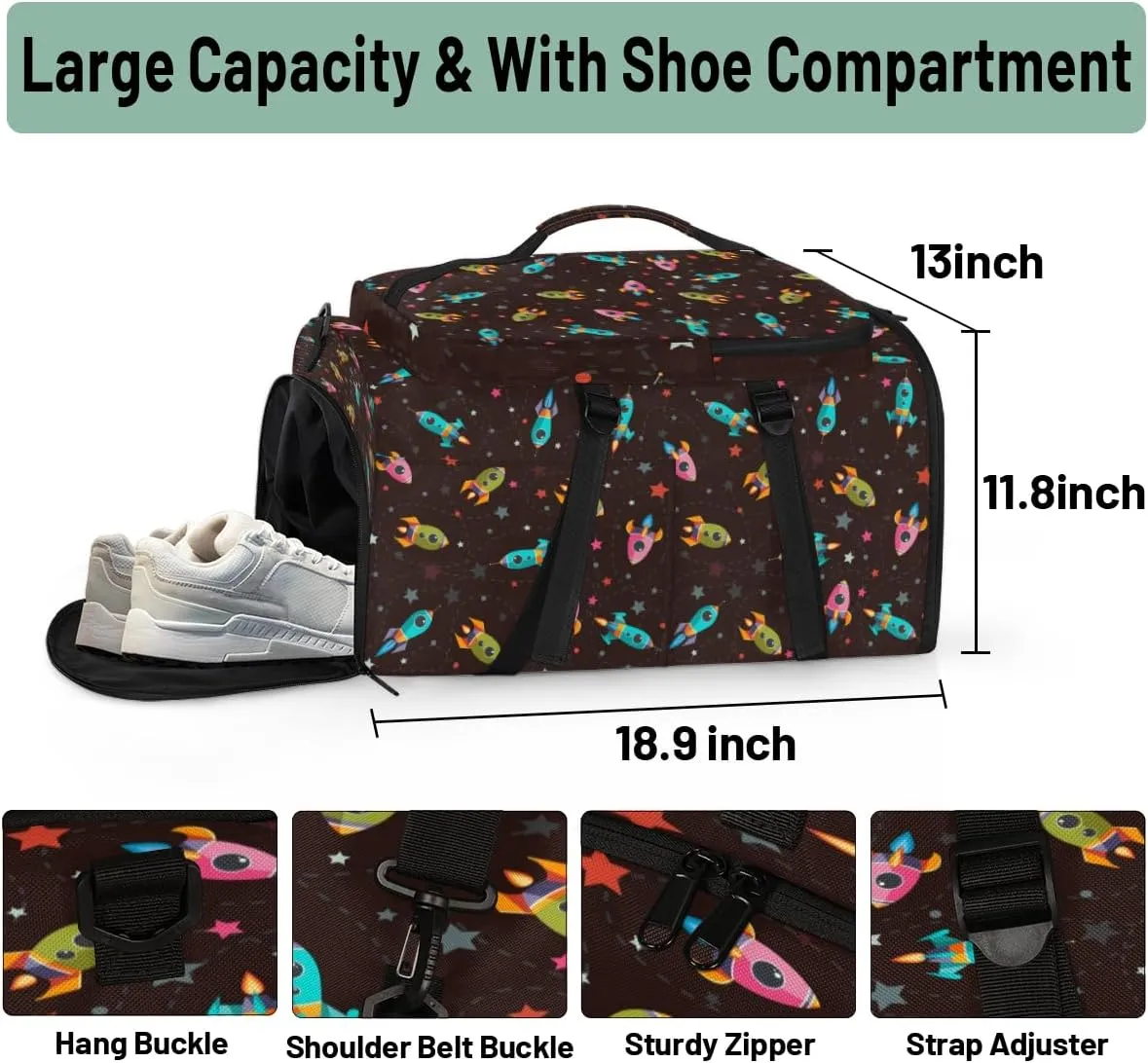 Large Sports Gym Bag With Shoe & Laptop Compartment 47L Waterproof Travel Duffel Bags for Men Women Cartoon Rocket Luggage Backpack Duffle Bag