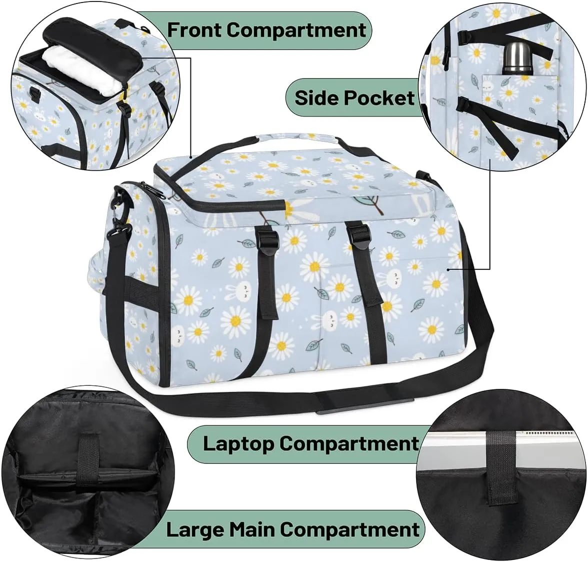 Large Sports Gym Bag With Shoe & Laptop Compartment 47L Waterproof Travel Duffel Bags for Men Women Daisy Bunny Leaves Luggage Backpack Duffle Bag