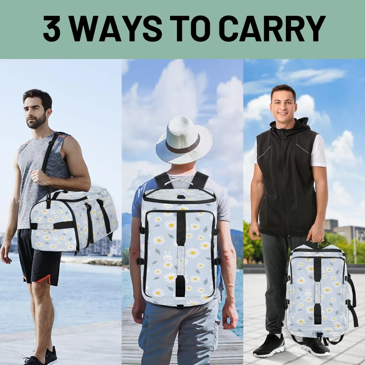 Large Sports Gym Bag With Shoe & Laptop Compartment 47L Waterproof Travel Duffel Bags for Men Women Daisy Bunny Leaves Luggage Backpack Duffle Bag
