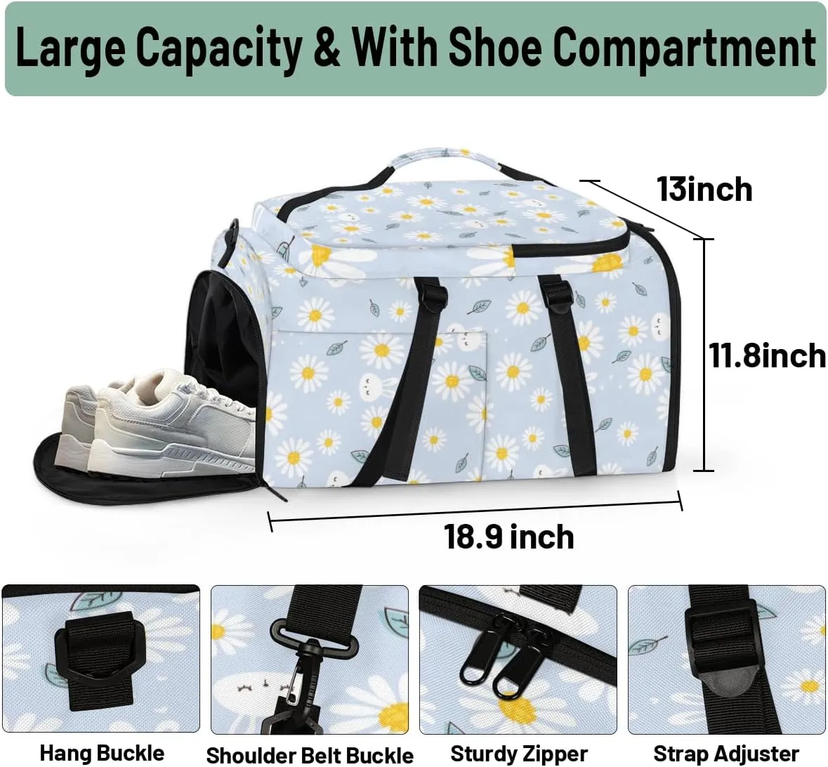 Large Sports Gym Bag With Shoe & Laptop Compartment 47L Waterproof Travel Duffel Bags for Men Women Daisy Bunny Leaves Luggage Backpack Duffle Bag
