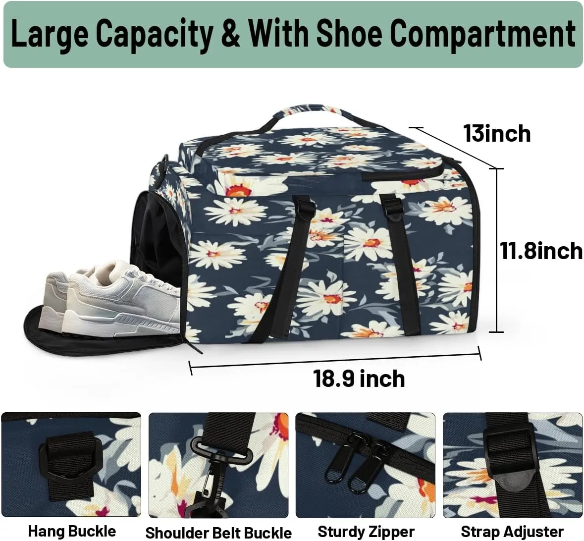 Large Sports Gym Bag With Shoe & Laptop Compartment 47L Waterproof Travel Duffel Bags for Men Women Daisy Petals Luggage Backpack Duffle Bag