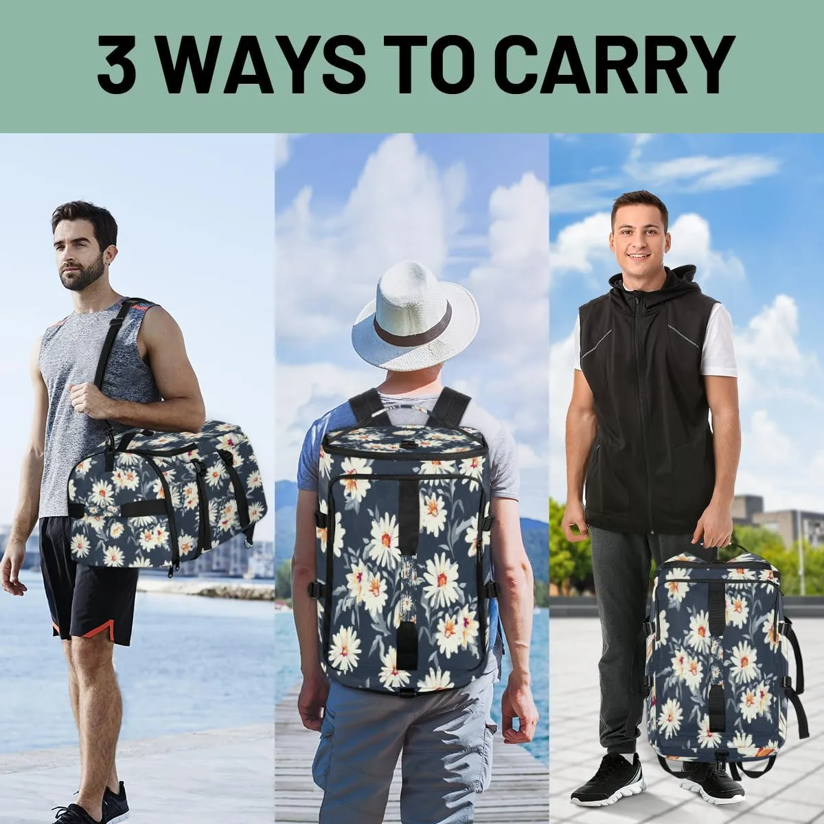 Large Sports Gym Bag With Shoe & Laptop Compartment 47L Waterproof Travel Duffel Bags for Men Women Daisy Petals Luggage Backpack Duffle Bag