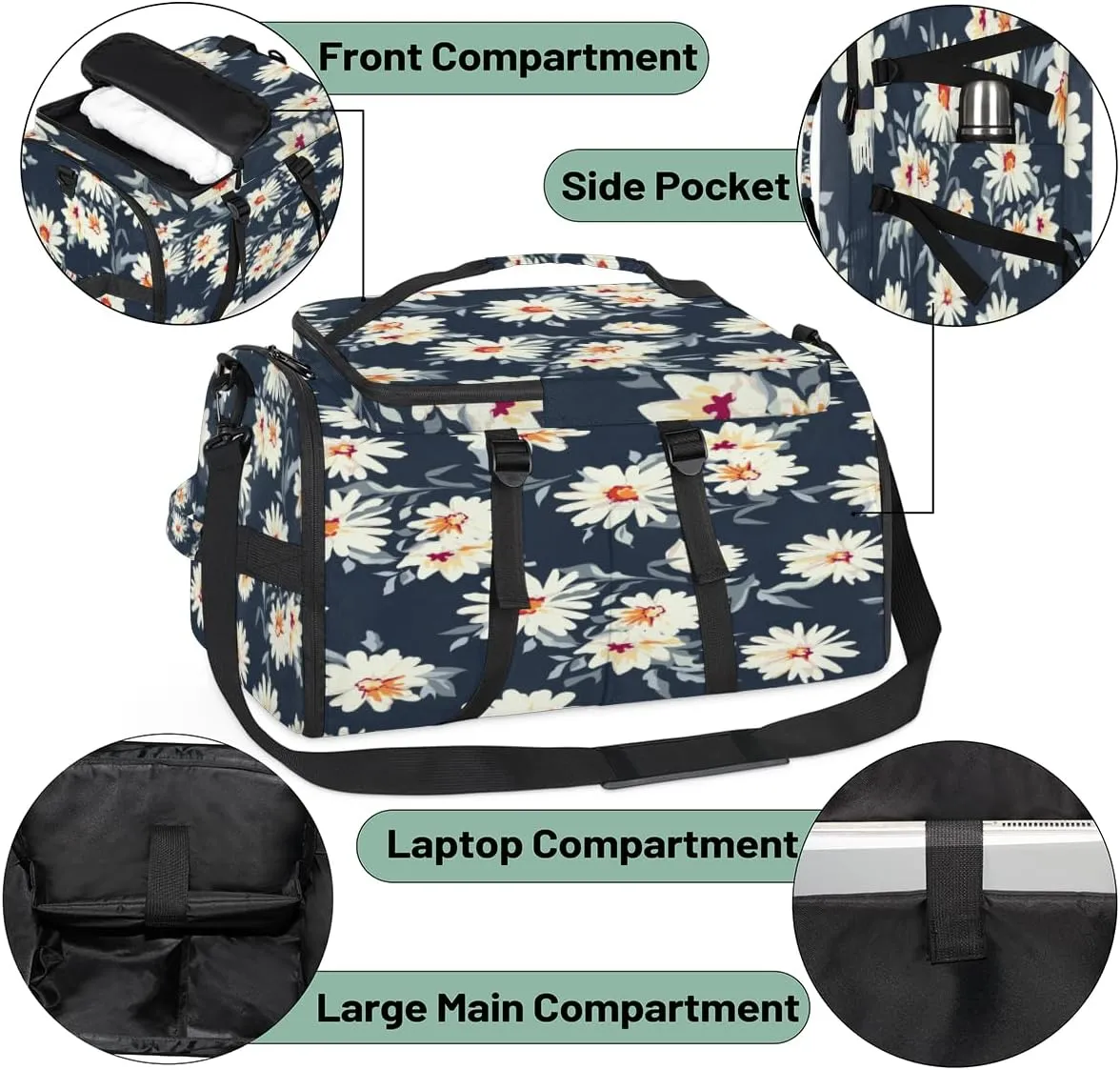 Large Sports Gym Bag With Shoe & Laptop Compartment 47L Waterproof Travel Duffel Bags for Men Women Daisy Petals Luggage Backpack Duffle Bag
