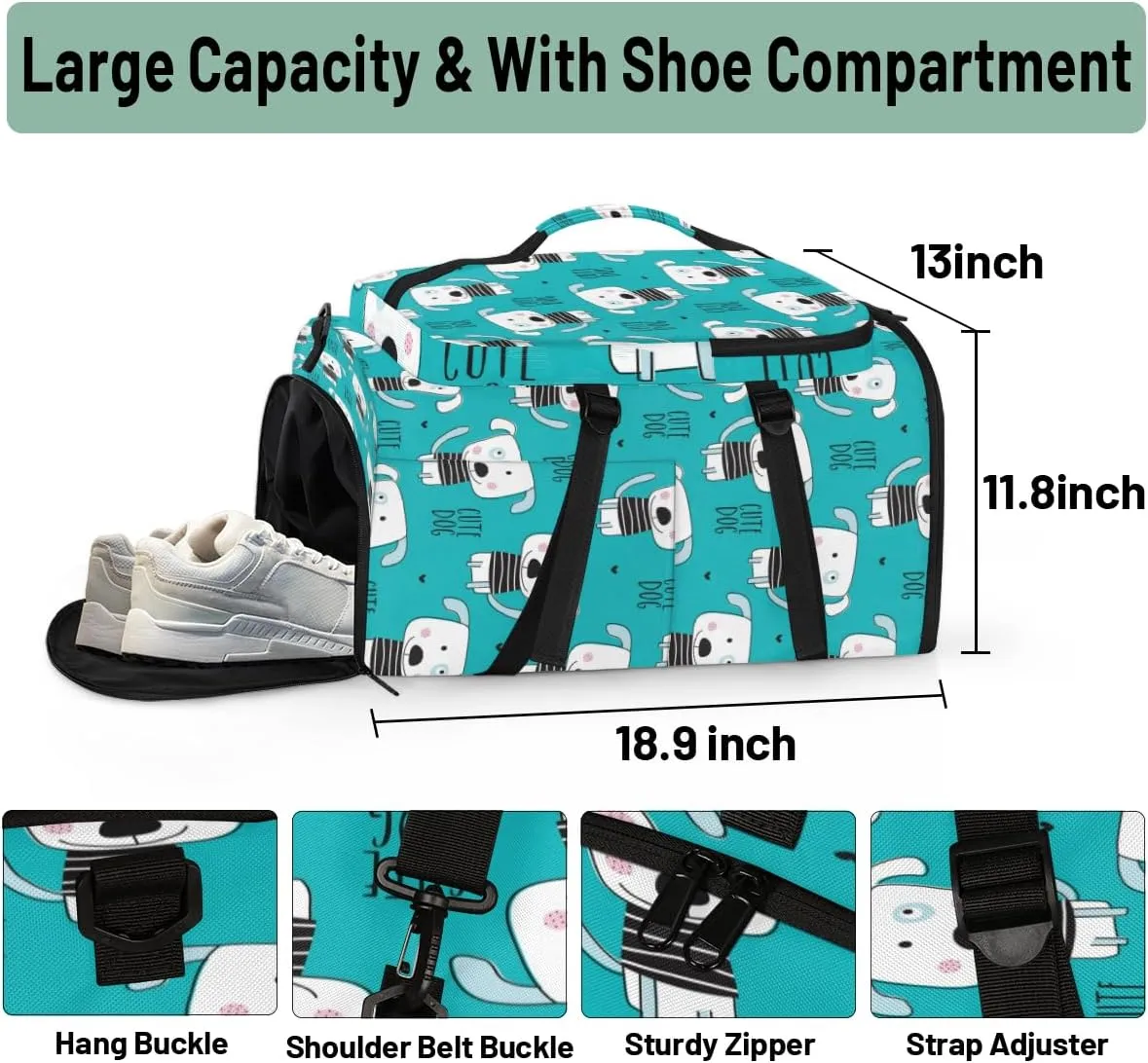 Large Sports Gym Bag With Shoe & Laptop Compartment 47L Waterproof Travel Duffel Bags for Men Women Dog Print Luggage Backpack Duffle Bag