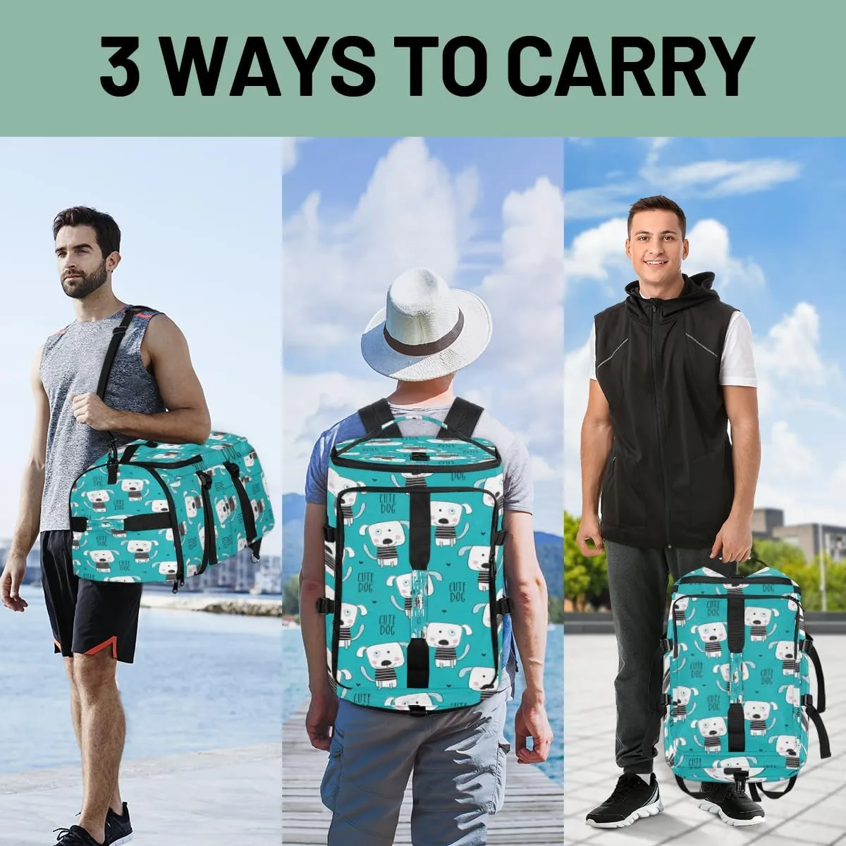 Large Sports Gym Bag With Shoe & Laptop Compartment 47L Waterproof Travel Duffel Bags for Men Women Dog Print Luggage Backpack Duffle Bag