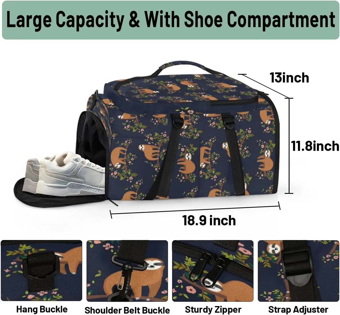 Large Sports Gym Bag With Shoe & Laptop Compartment 47L Waterproof Travel Duffel Bags for Men Women Sloth Luggage Backpack Duffle Bag