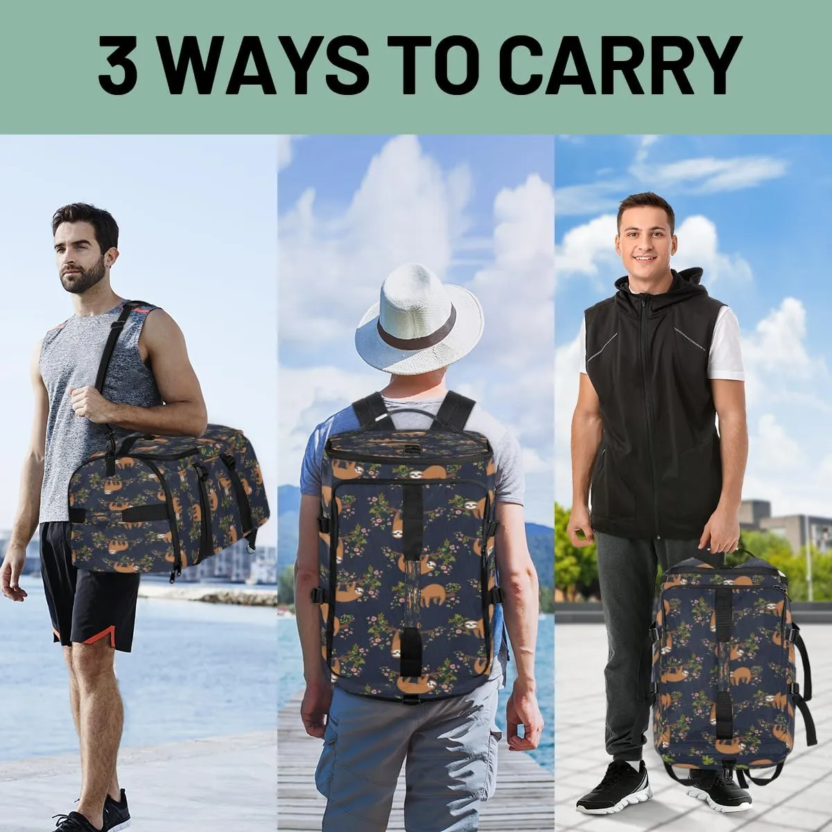 Large Sports Gym Bag With Shoe & Laptop Compartment 47L Waterproof Travel Duffel Bags for Men Women Sloth Luggage Backpack Duffle Bag
