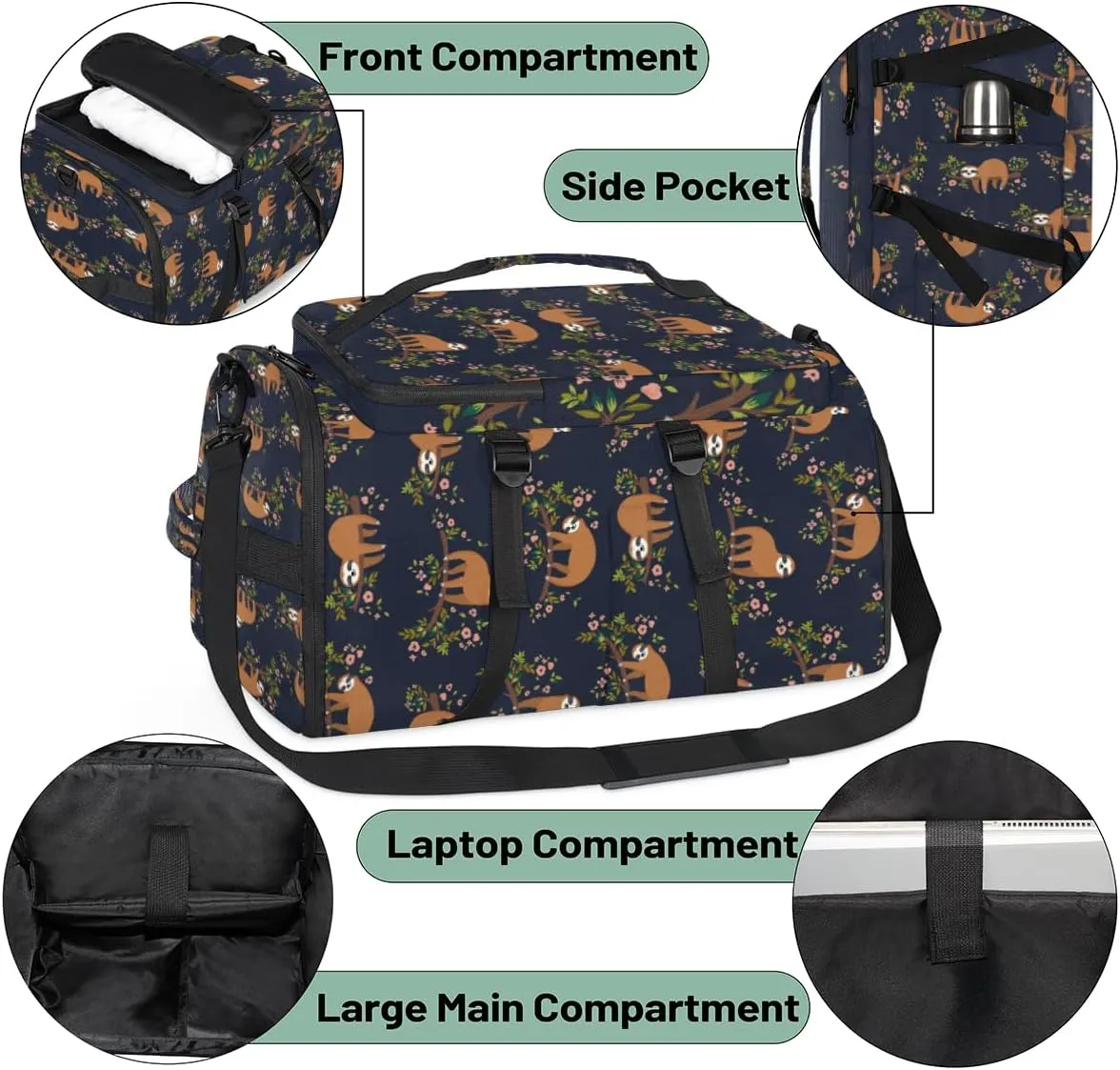 Large Sports Gym Bag With Shoe & Laptop Compartment 47L Waterproof Travel Duffel Bags for Men Women Sloth Luggage Backpack Duffle Bag