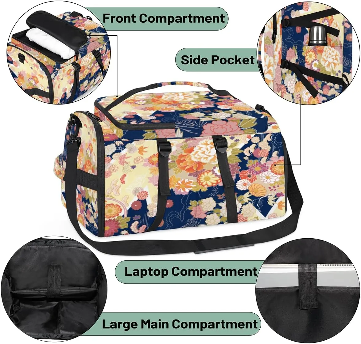 Large Sports Gym Bag With Shoe & Laptop Compartment 47L Waterproof Travel Duffel Bags for Men Women Traditional Floral Print Luggage Backpack Duffle Bag
