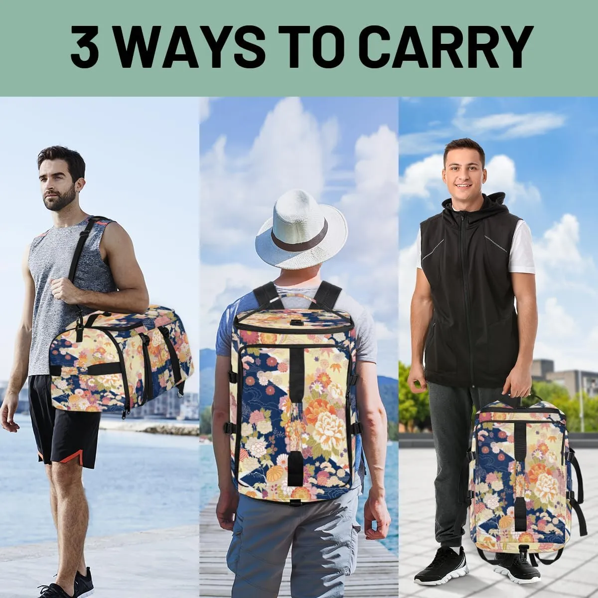 Large Sports Gym Bag With Shoe & Laptop Compartment 47L Waterproof Travel Duffel Bags for Men Women Traditional Floral Print Luggage Backpack Duffle Bag