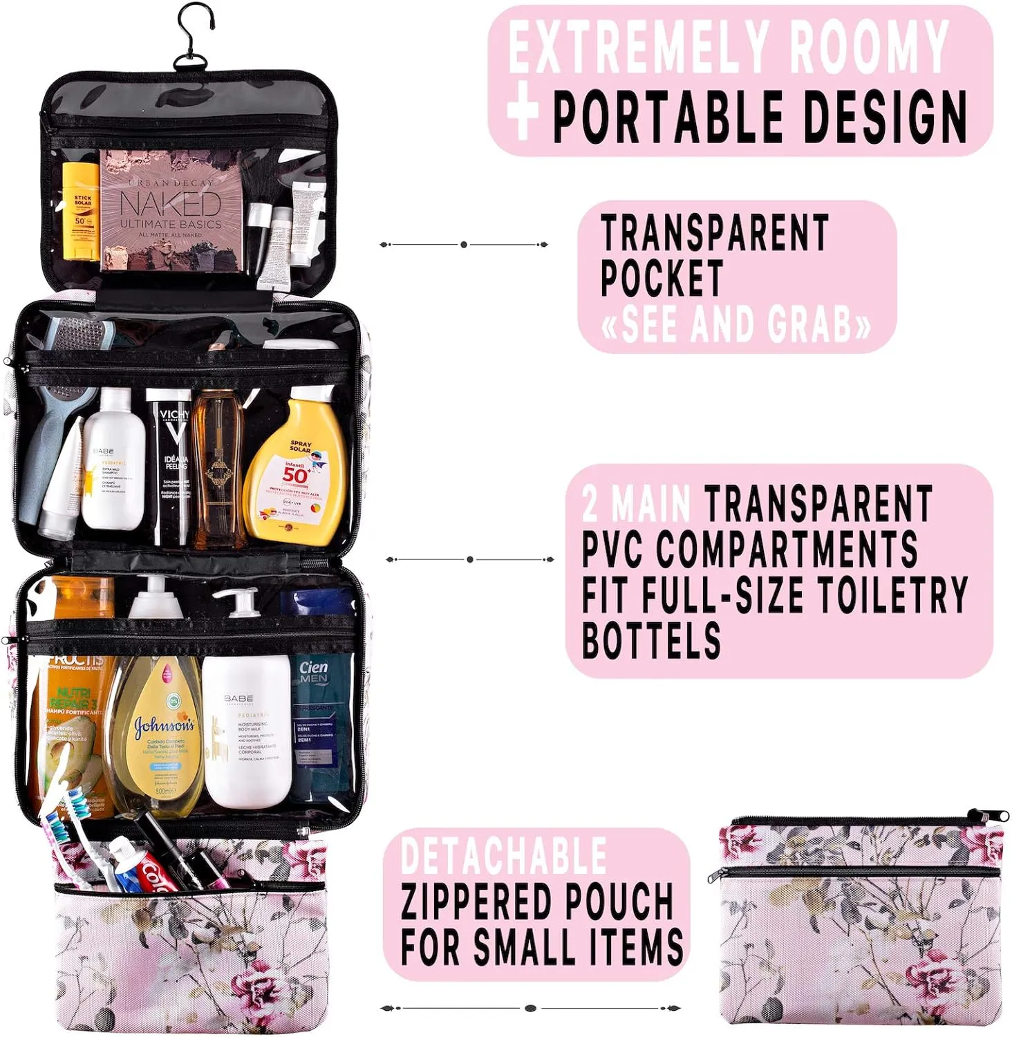 Large Travel Hanging Toiletry Bag For Women With Jewelry Organizer - Folding Bathroom Toiletry Cosmetic Organizer - XL Hanging Travel Bag For Full Size Toiletries