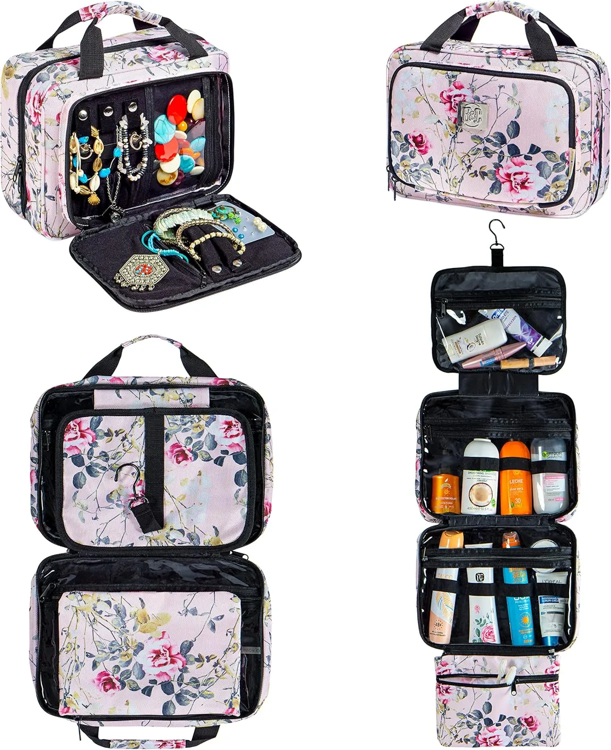 Large Travel Hanging Toiletry Bag For Women With Jewelry Organizer - Folding Bathroom Toiletry Cosmetic Organizer - XL Hanging Travel Bag For Full Size Toiletries