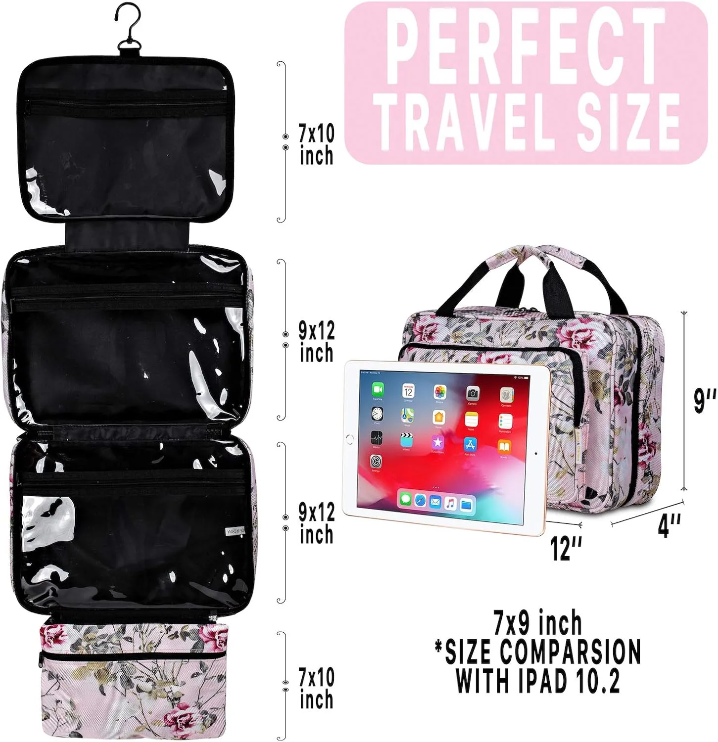Large Travel Hanging Toiletry Bag For Women With Jewelry Organizer - Folding Bathroom Toiletry Cosmetic Organizer - XL Hanging Travel Bag For Full Size Toiletries