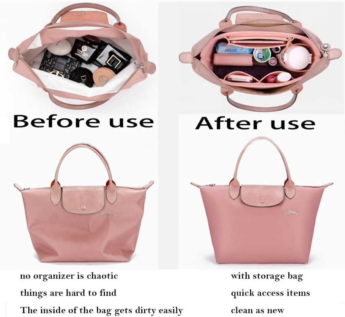 Lckaey purse Organizer for longchamp bag insert organizer tote insert Large handbag organizer inserts large bag best1032pink-L