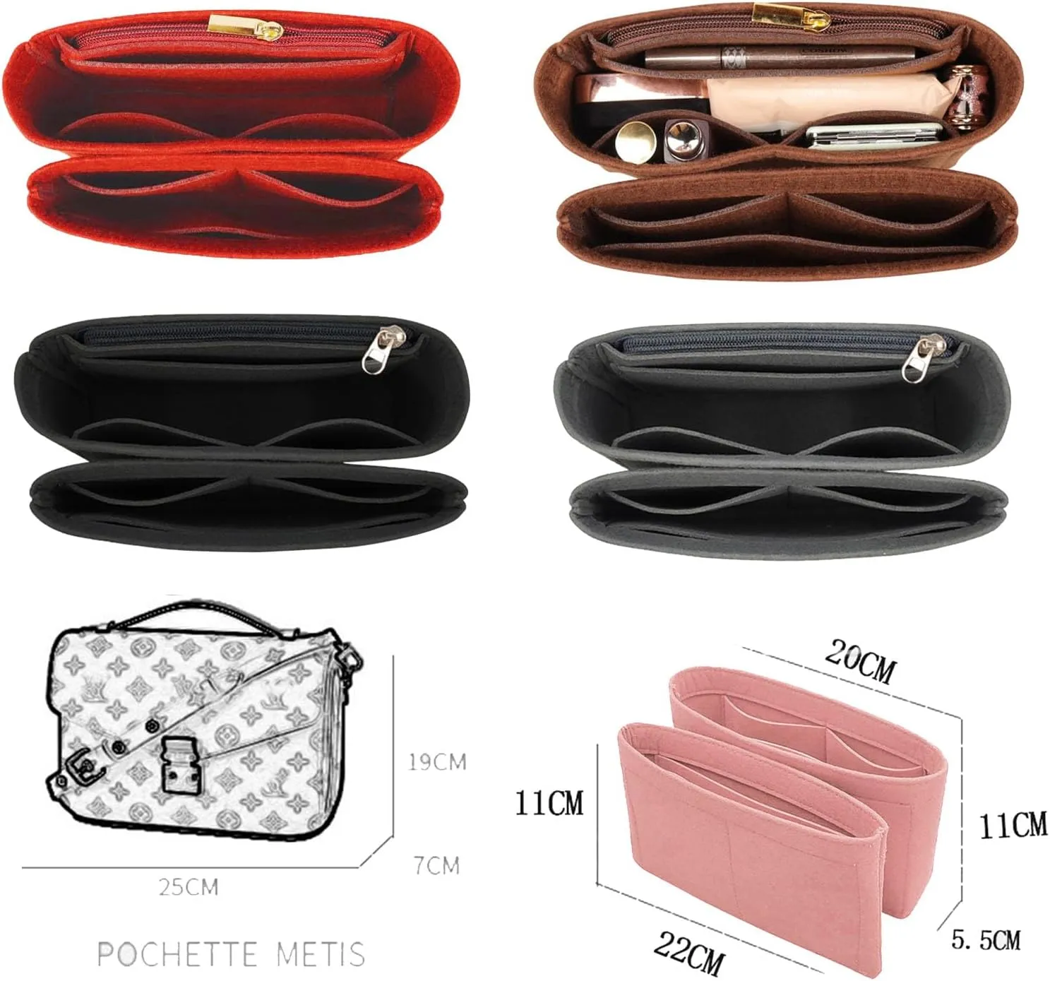 Lckaey Purse Organizer for messenger bag inserts Pochette métis lined zipper storage2084coffee