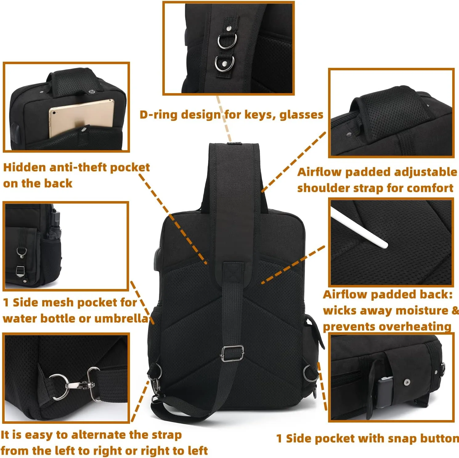 Leaper Messenger Bag Outdoor Cross Body Bag Sling Bag Shoulder Bag With USB Black