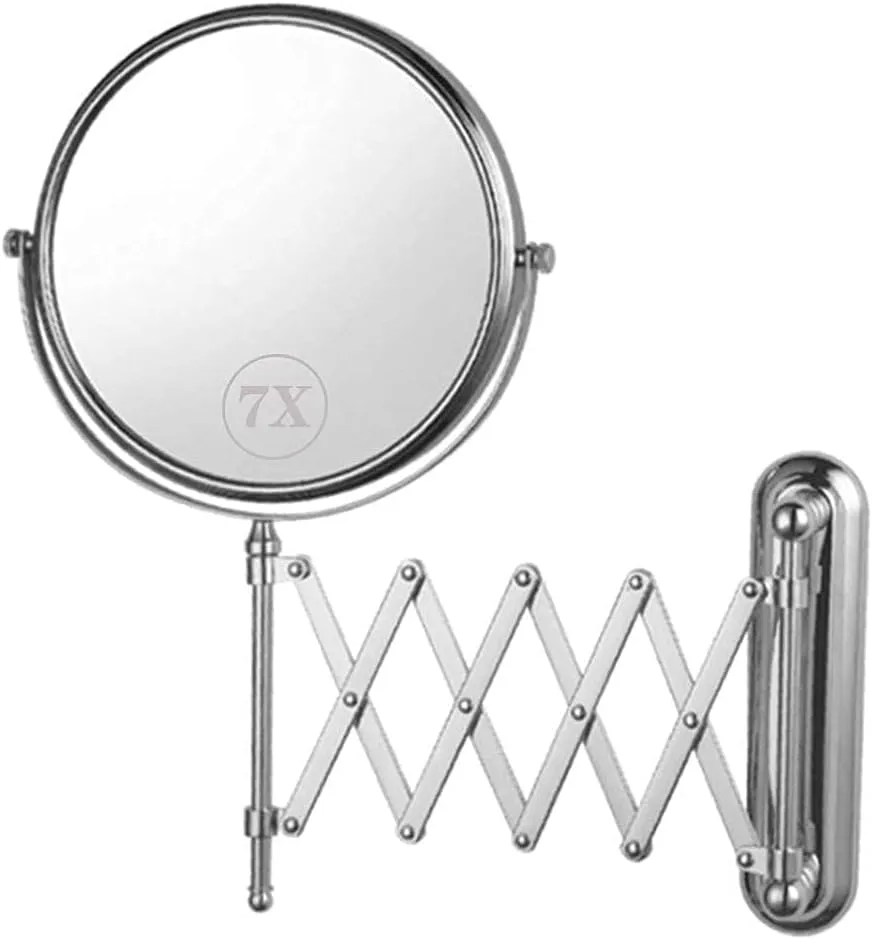 LED Lighted Makeup Mirror Wall Mount 5X Magnifying USB Rechargeable Cosmetic Mirror 180° Swivel Extendable Single Sided Vanity Mirror for Bathroom Shaving Mirrors(7X)