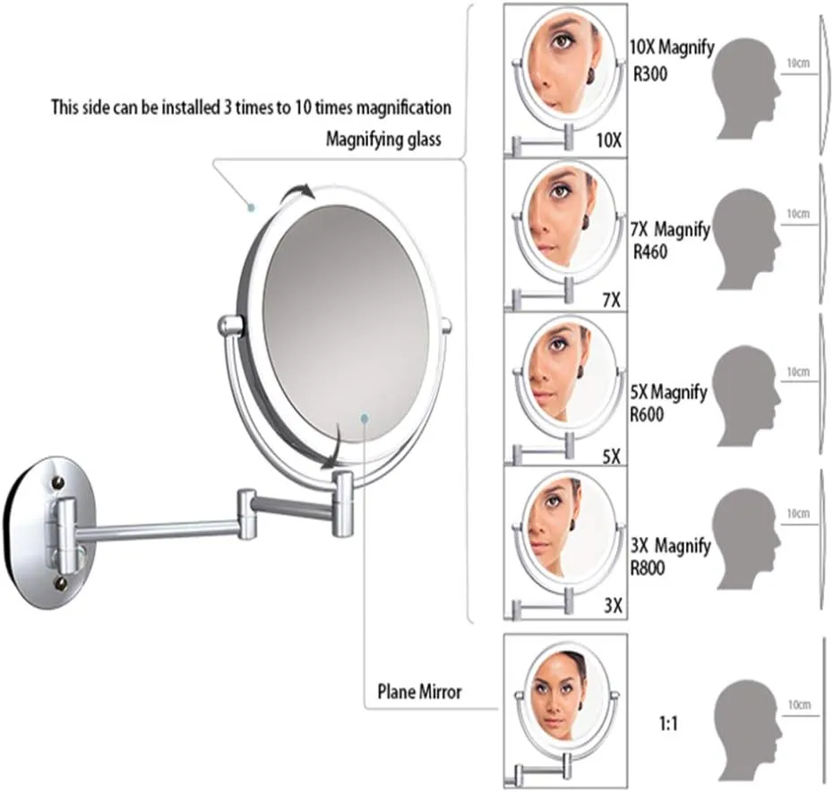 LED Makeup Vanity Mirror,Two-Sided Wall Mounted Beauty Mirror Multiple Magnification Bathroom Mirror 360° Swivel Extendable Cosmetic Mirror Powered by