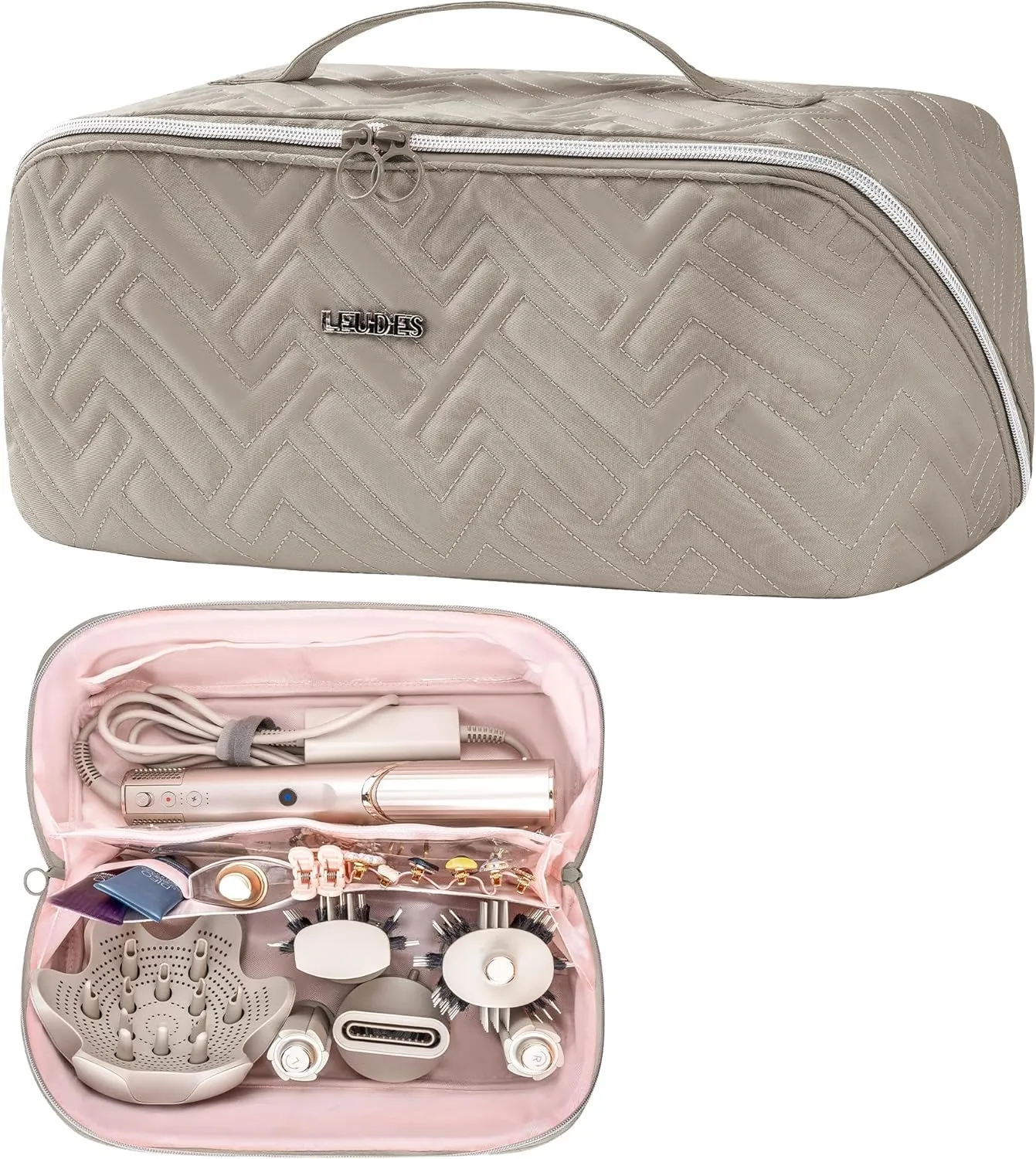 Leudes Hair Tools Travel Bag For Dy son Airwrap Hair Dryer Shark Flex Style Carrying Case Travel Makeup Bag Portable Pouch Open Flat Packing Organizers with Divider and Handle (Camel)