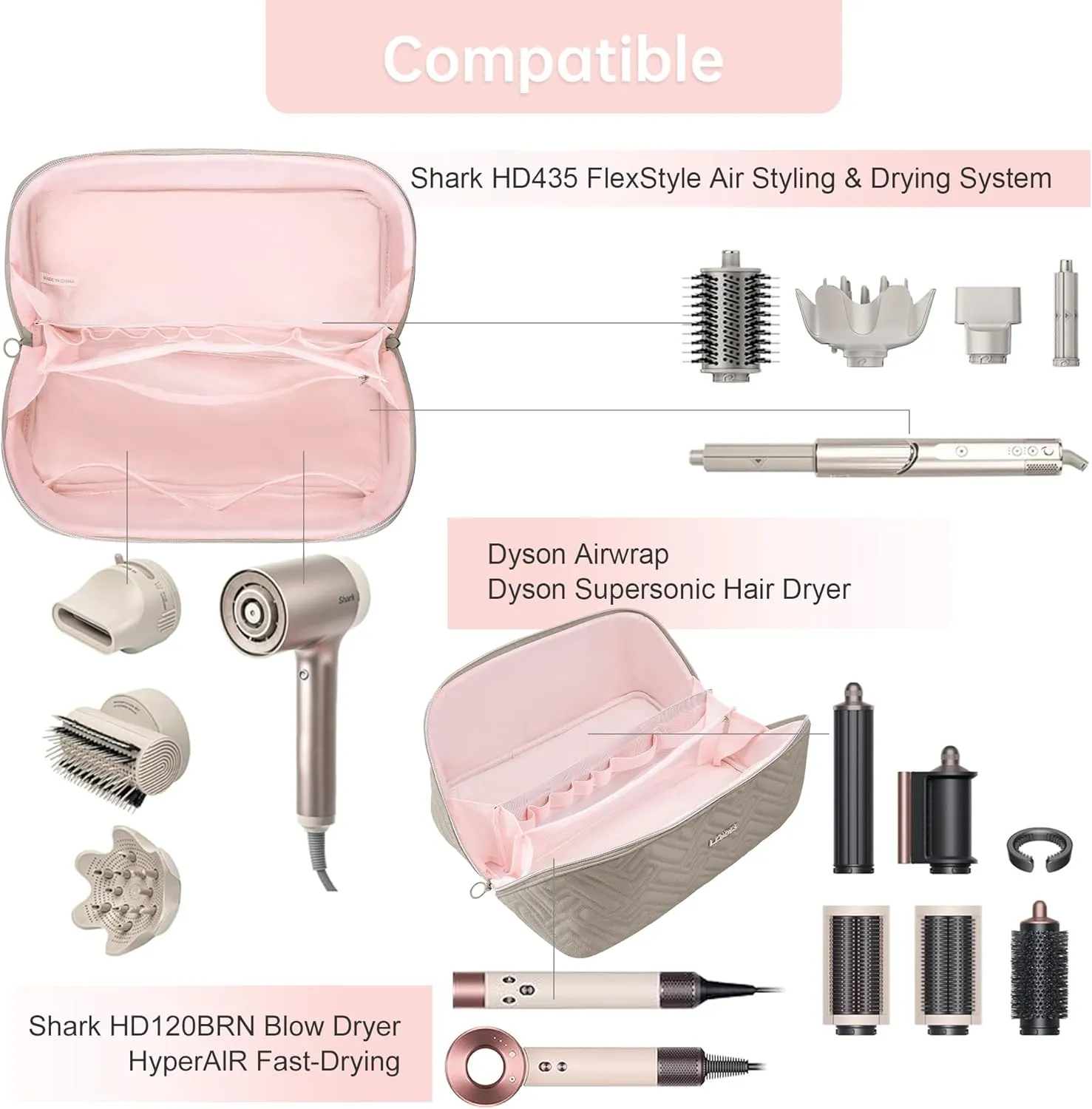 Leudes Hair Tools Travel Bag For Dy son Airwrap Hair Dryer Shark Flex Style Carrying Case Travel Makeup Bag Portable Pouch Open Flat Packing Organizers with Divider and Handle (Camel)