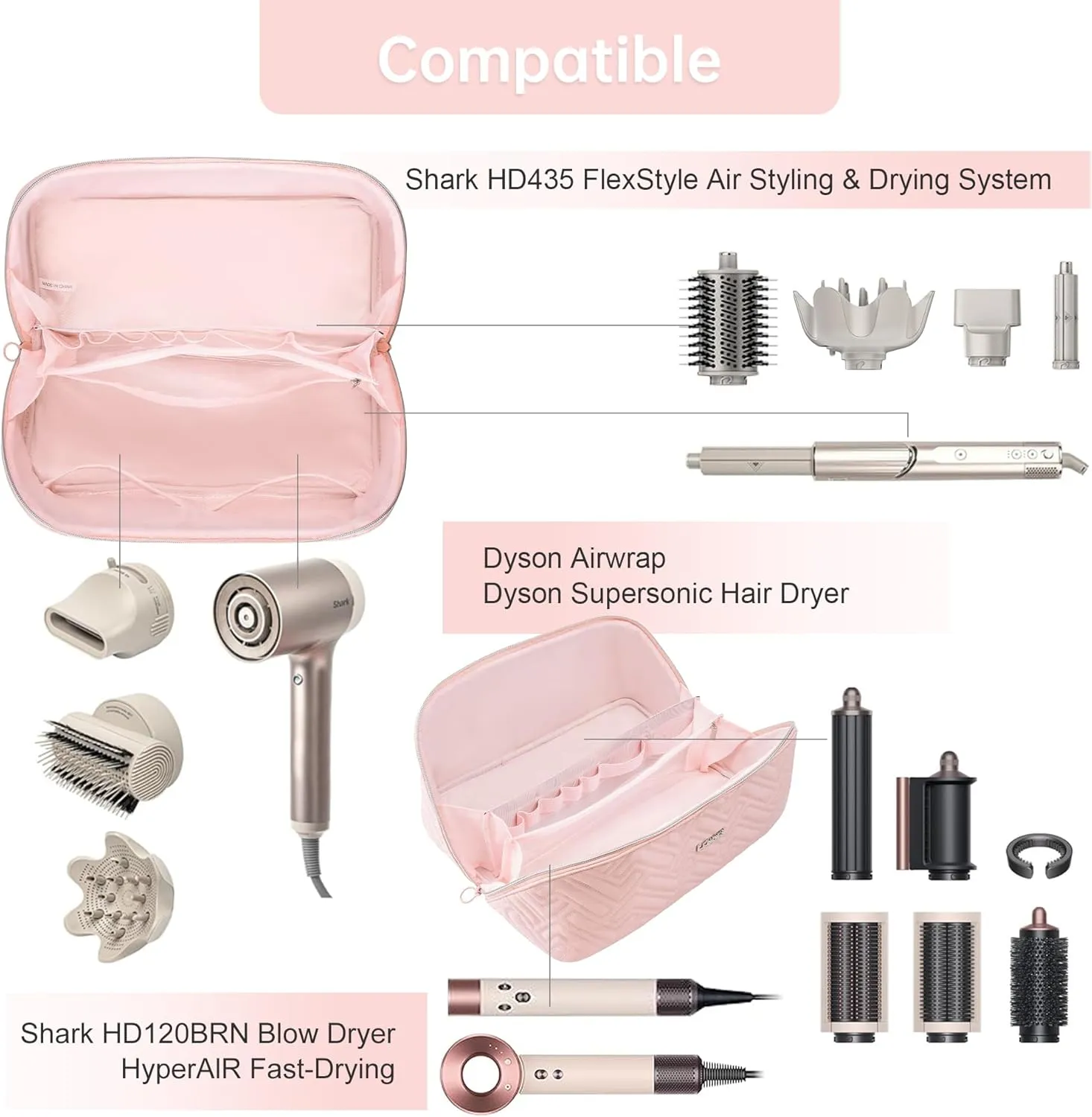 Leudes Hair Tools Travel Bag For Dy son Airwrap Hair Dryer Shark Flex Style Carrying Case Travel Makeup Bag Portable Pouch Open Flat Packing Organizers with Divider and Handle (Pink)
