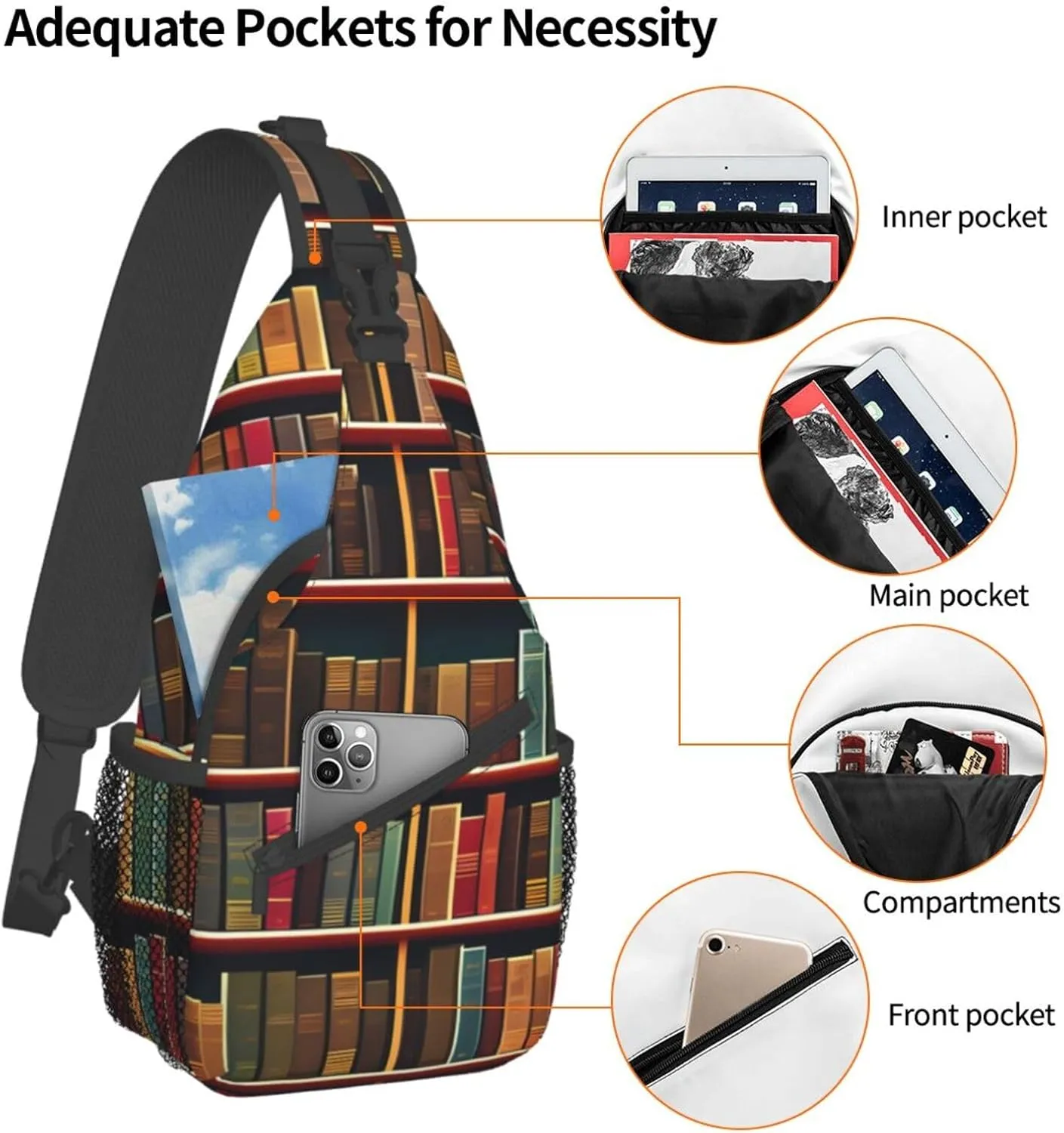 Library Bookshelf Book Unisex Casual Diagonal Chest Bag,Multipurpose Crossbody Shoulder Bag Travel Hiking Daypack