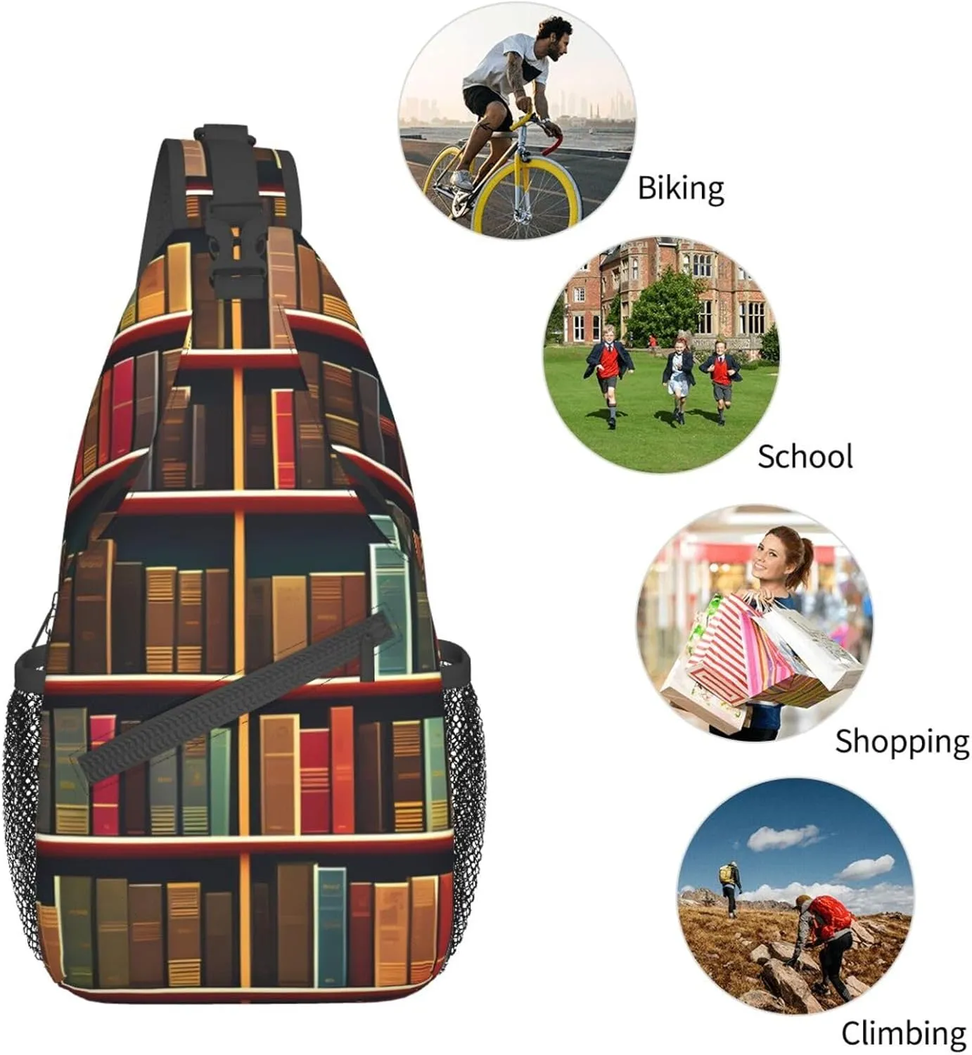 Library Bookshelf Book Unisex Casual Diagonal Chest Bag,Multipurpose Crossbody Shoulder Bag Travel Hiking Daypack