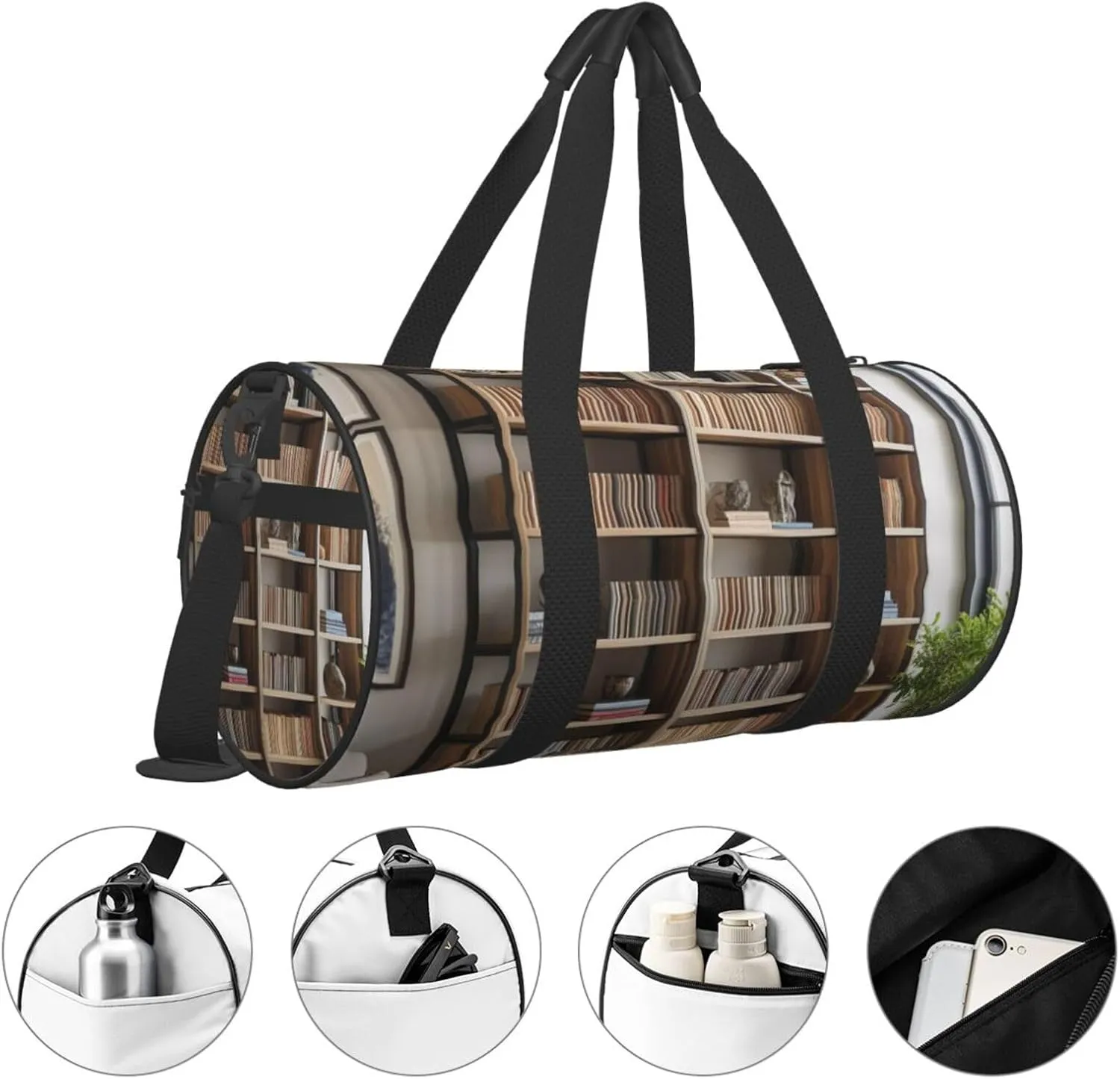 library bookshelf Printed Travel Bag,Round Personal Item Storage bag,Foldie Duffel Bag for Traveling Vacation,Fitness,Sports