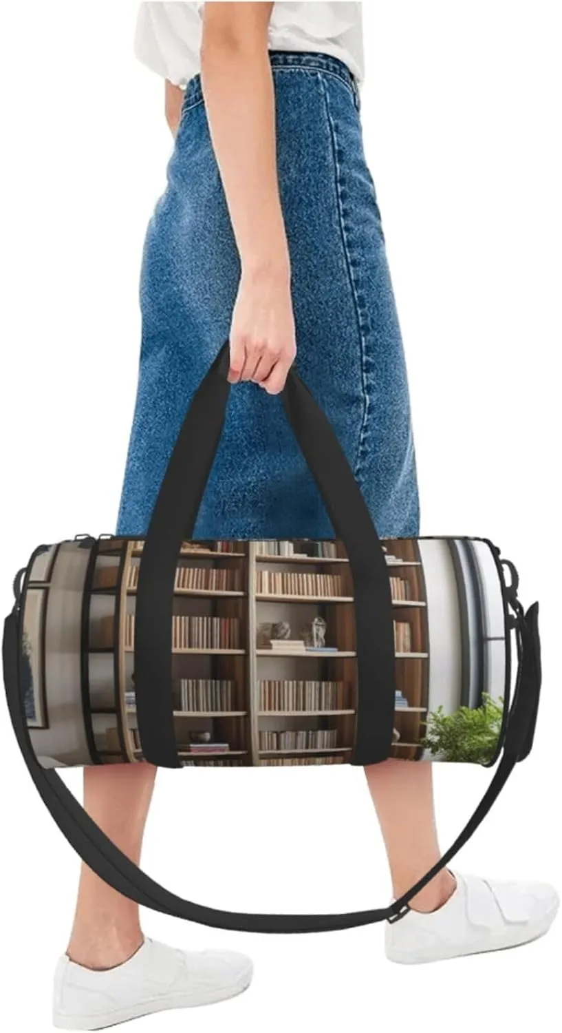 library bookshelf Printed Travel Bag,Round Personal Item Storage bag,Foldie Duffel Bag for Traveling Vacation,Fitness,Sports
